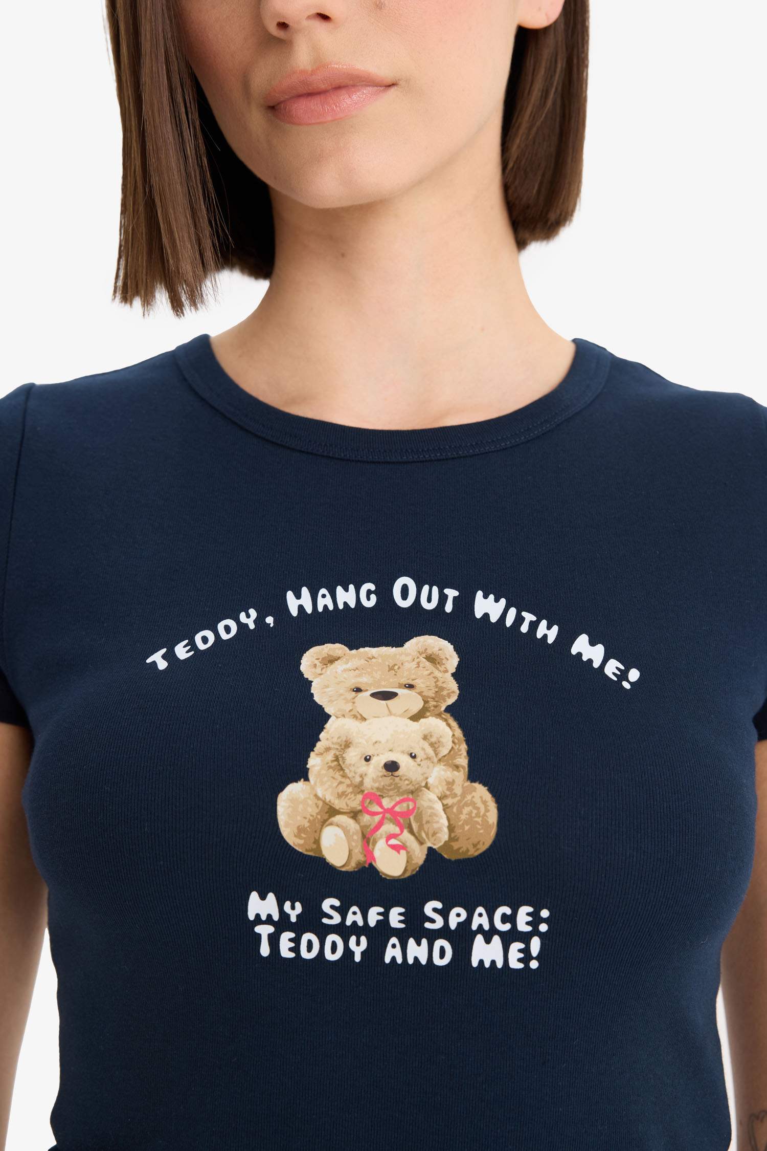 Fitted Bisiklet Yaka Baskılı Ribana Kısa Kollu Tişört