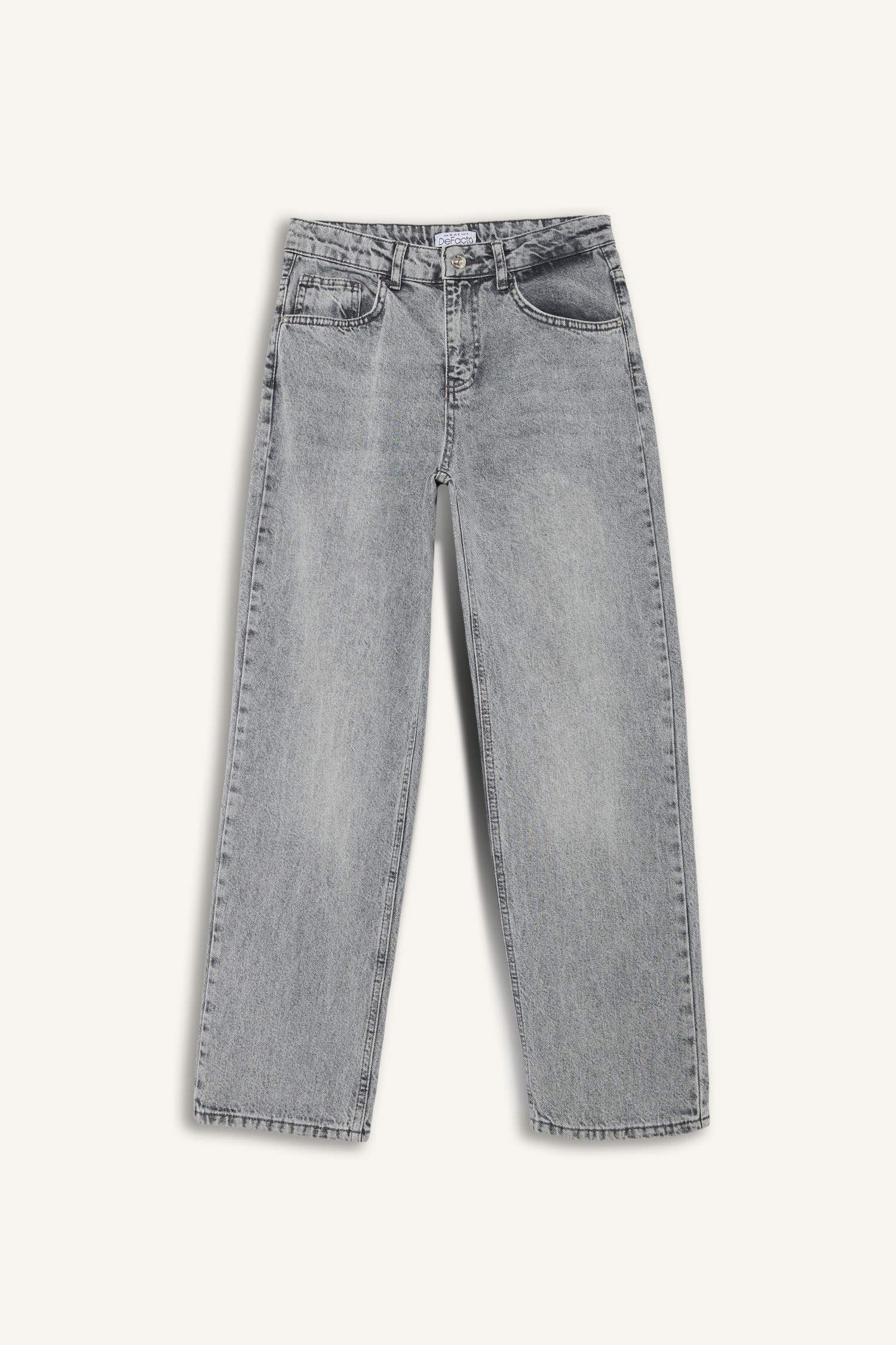 Straight Fit Yüksek Bel Kısa Paça Jean Yıkamalı Pantolon