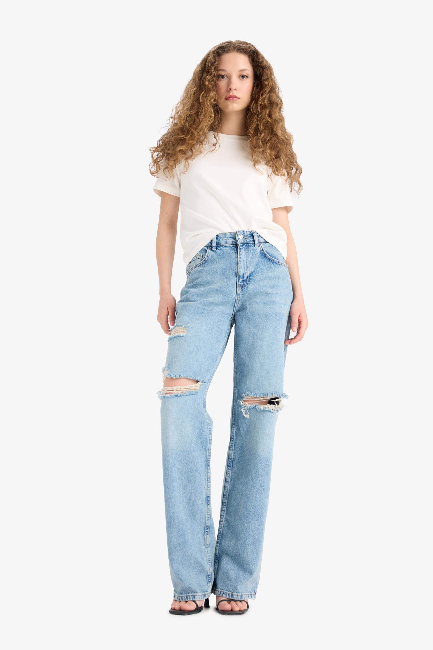 Straight Wide Ripped Detailed High Waist Long Jeans