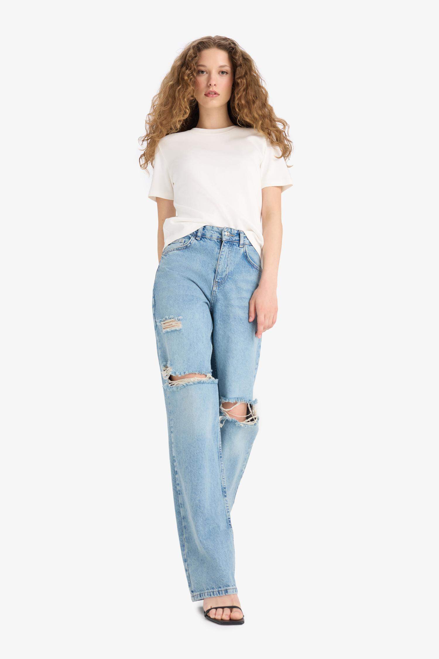 Straight Wide Ripped Detailed High Waist Long Jeans