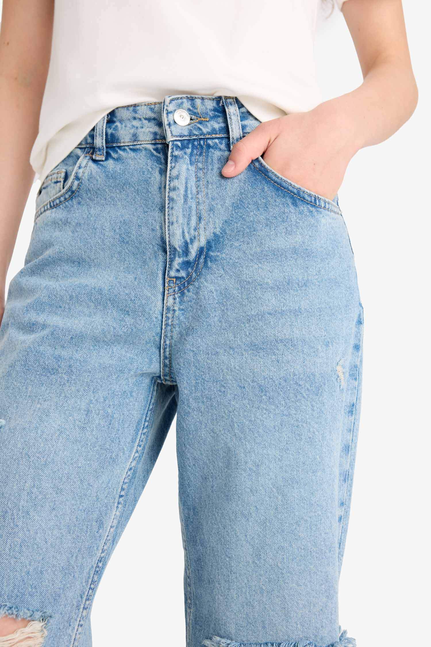 Straight Wide Ripped Detailed High Waist Long Jeans