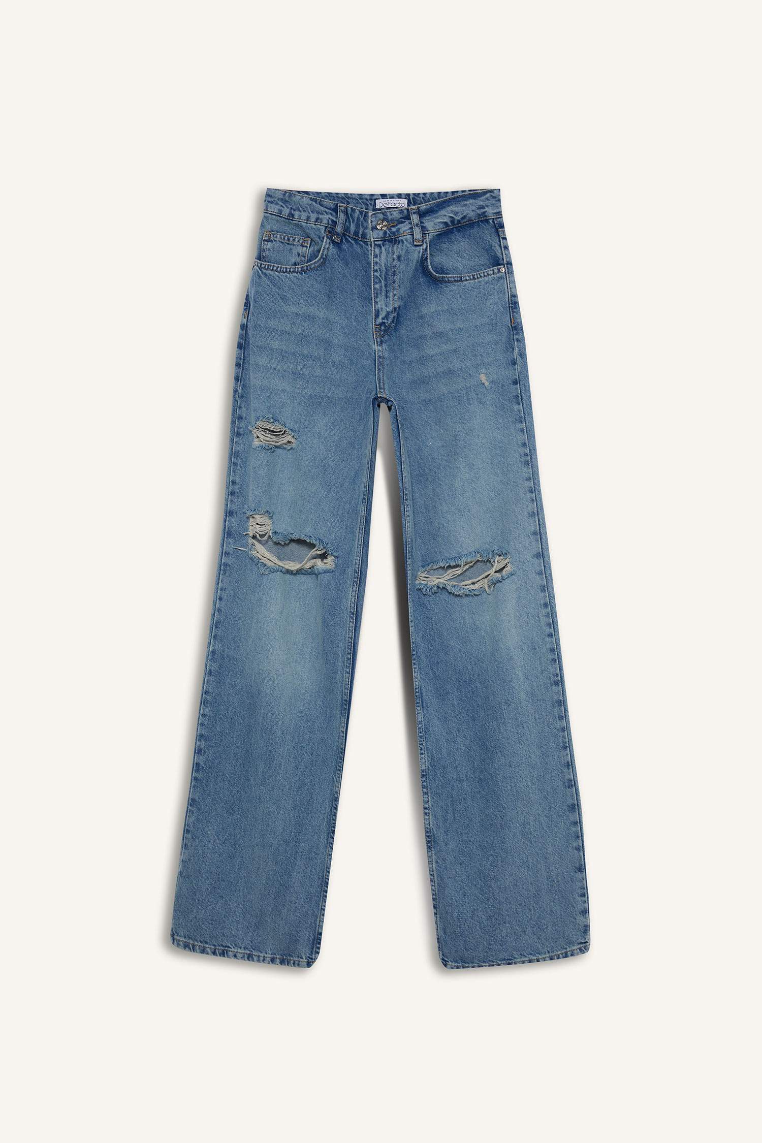 Straight Wide Ripped Detailed High Waist Long Jeans