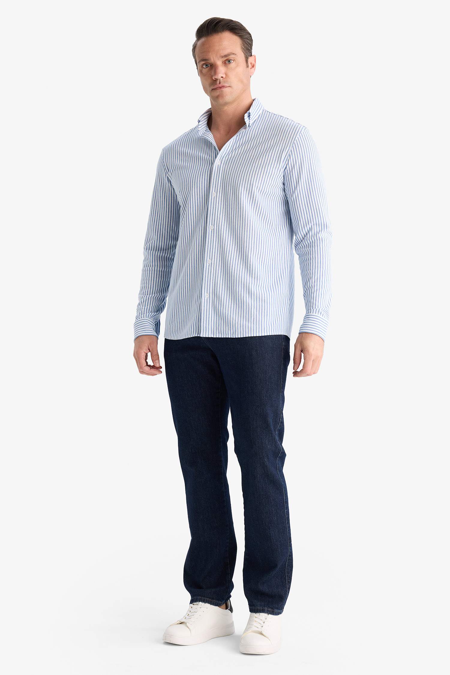 Regular Fit Polo Yaka Çizgili Penye Uzun Kollu Gömlek