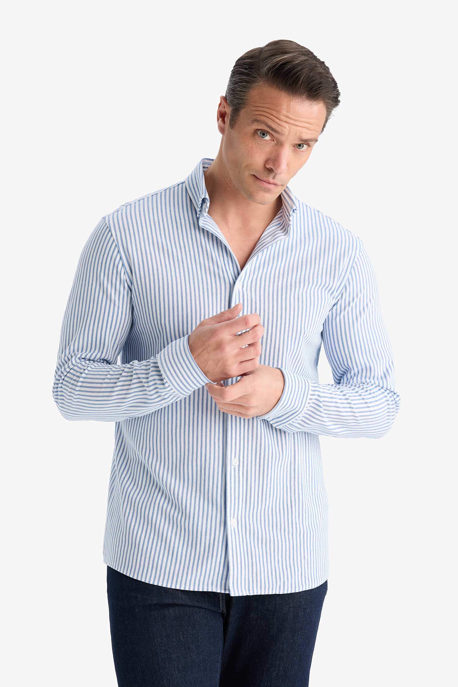 Regular Fit Polo Yaka Çizgili Penye Uzun Kollu Gömlek