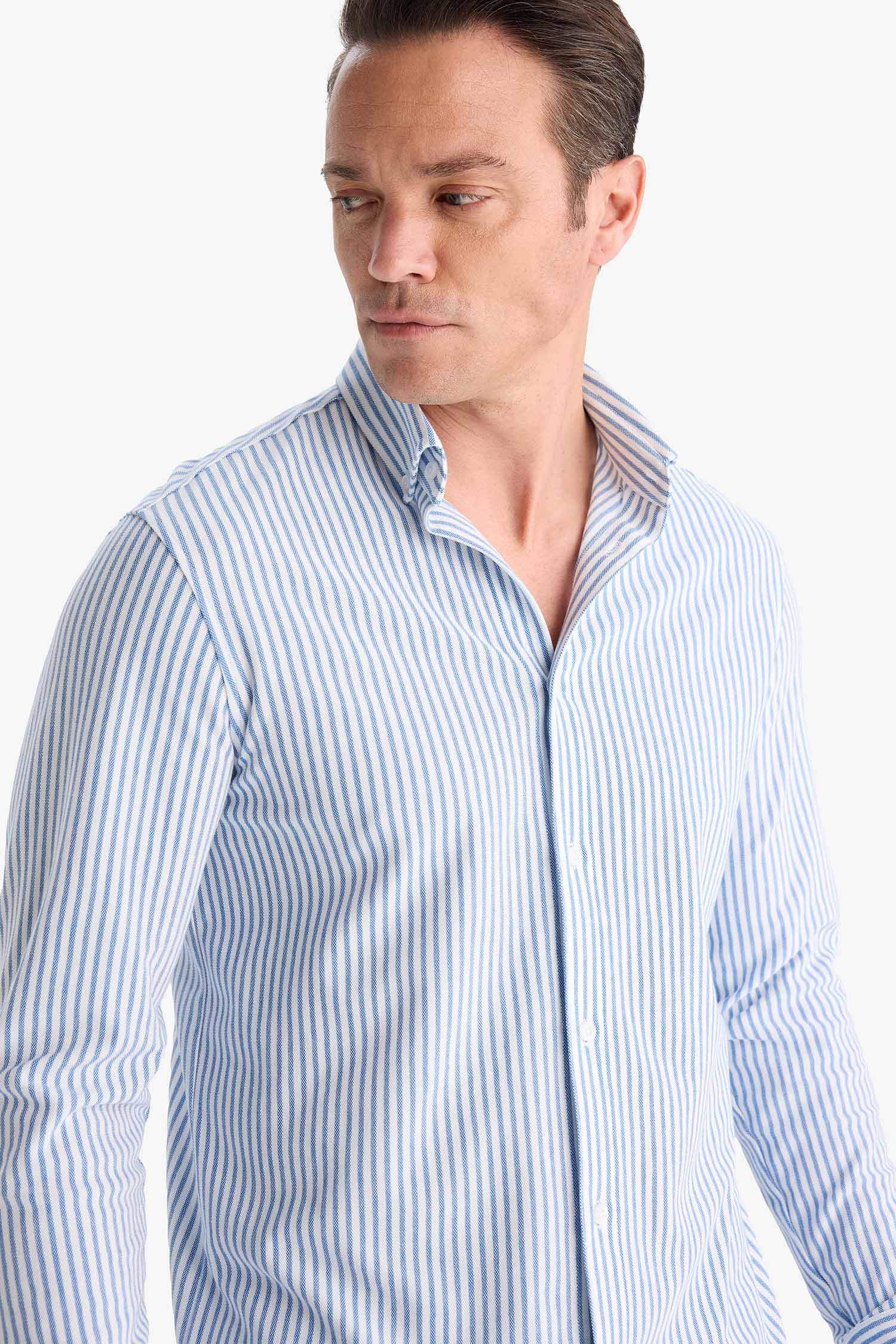 Regular Fit Polo Yaka Çizgili Penye Uzun Kollu Gömlek