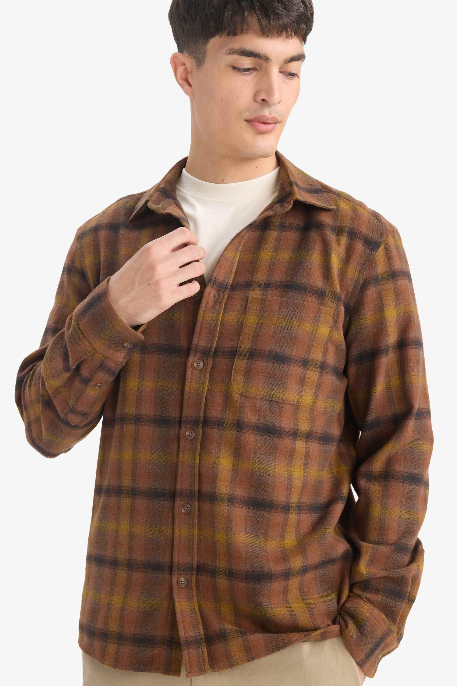 Regular Fit Polo Collar Plaid Flanel Long Sleeve Shirt
