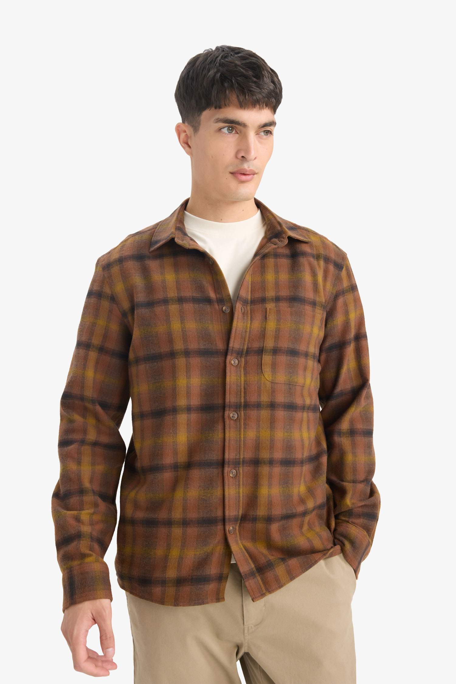 Regular Fit Polo Collar Plaid Flanel Long Sleeve Shirt