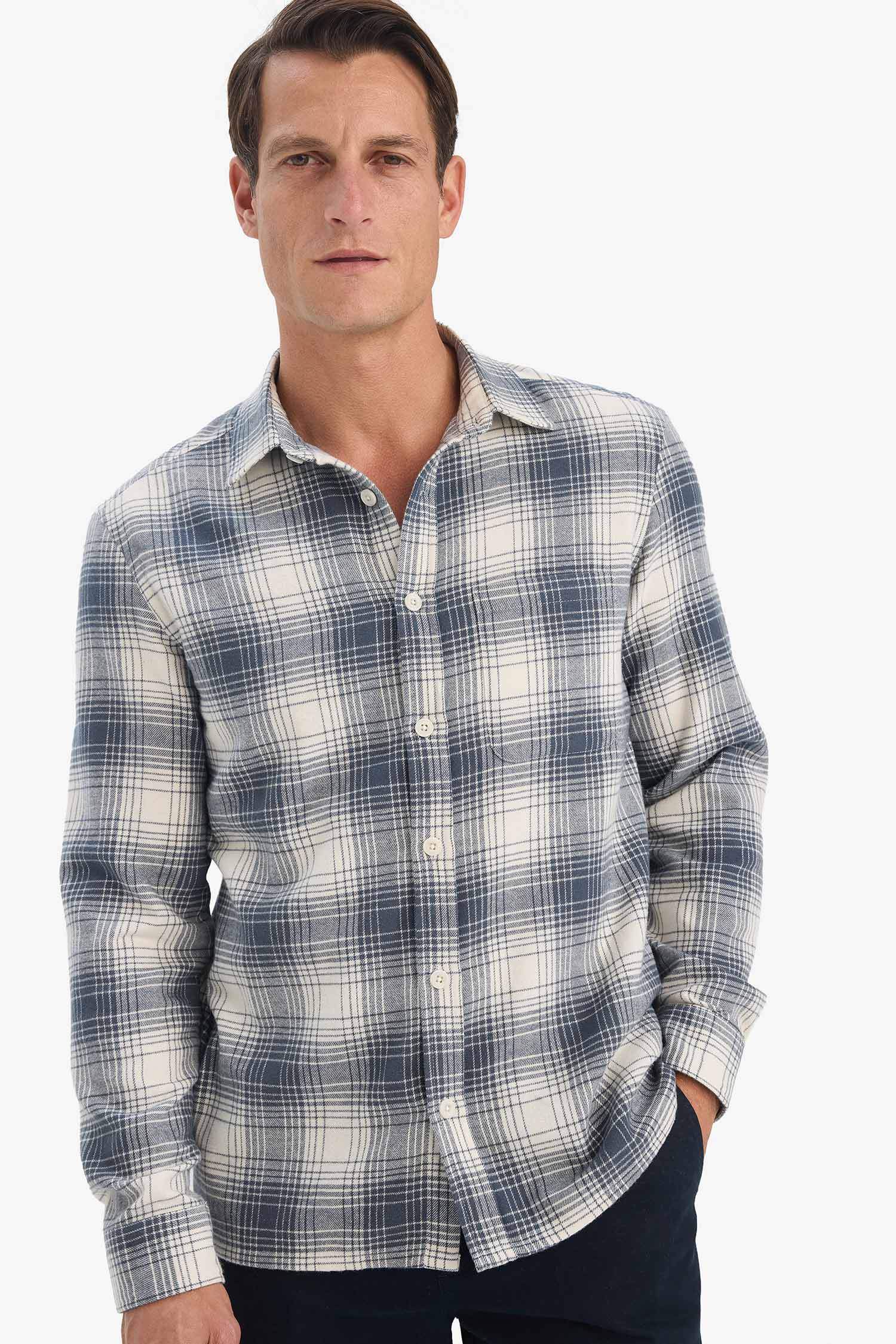 Regular Fit Polo Collar Plaid Flanel Long Sleeve Shirt