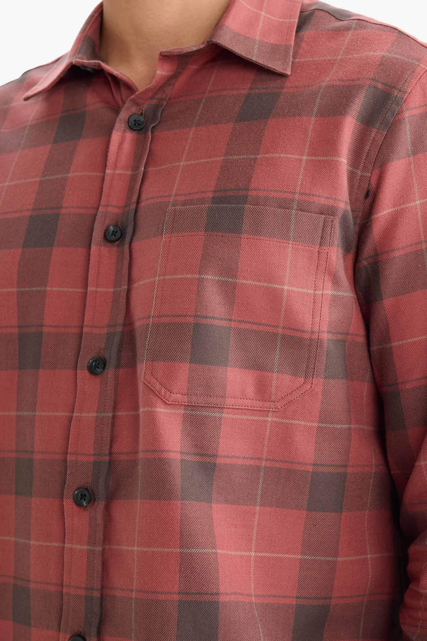 قميص كم طويل قصة عادية من قطن بمربعات