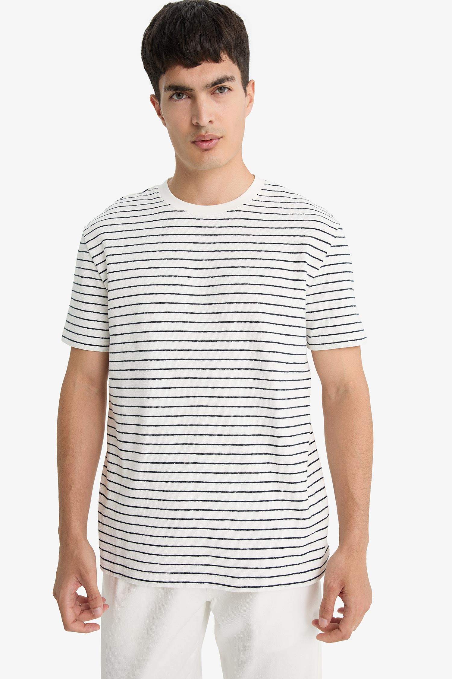 Regular Fit Bisiklet Yaka Çizgili Kısa Kollu Tişört