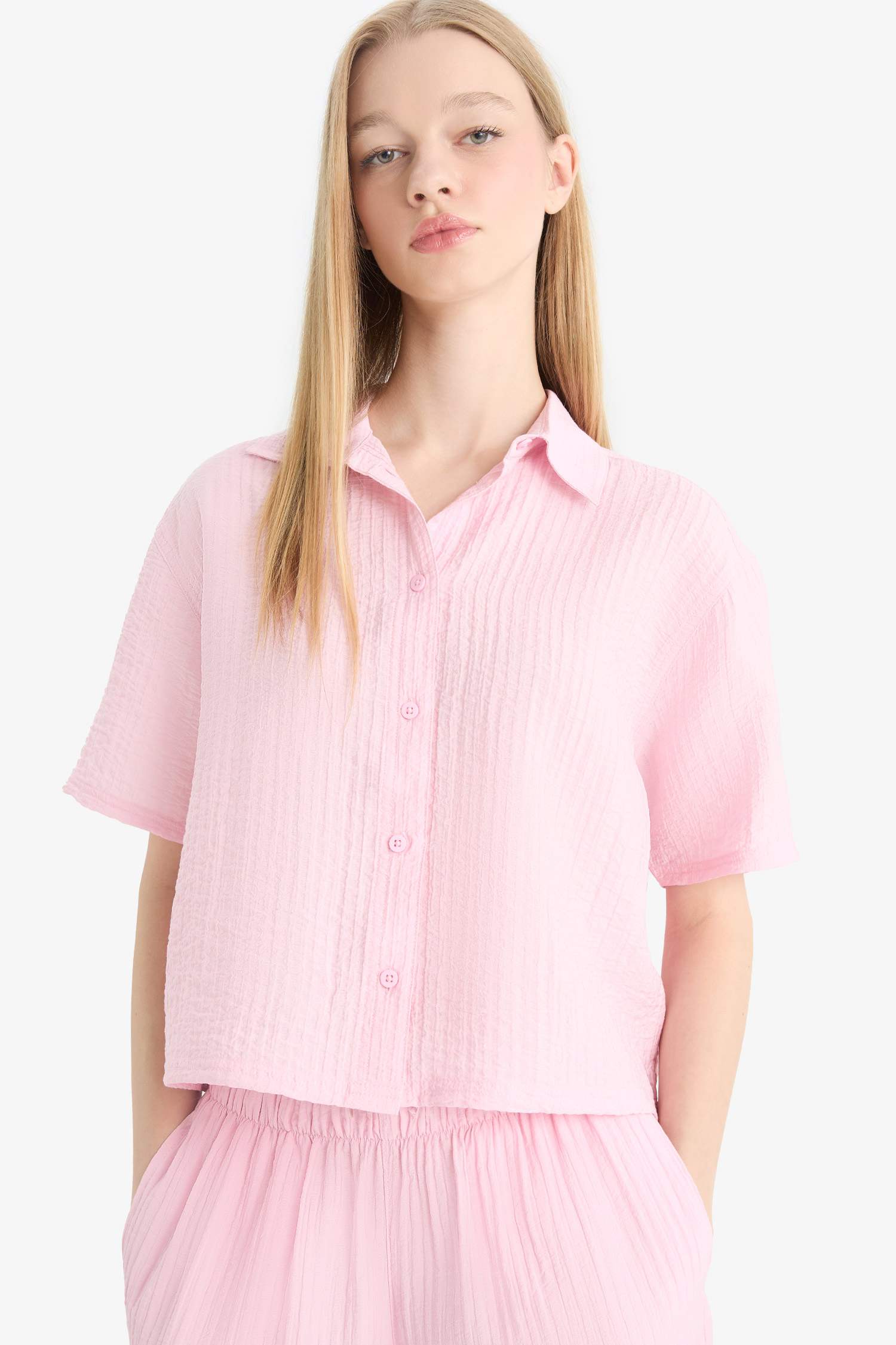 Oversize Fit Shirt Collar Crepe Short Sleeve Shirt