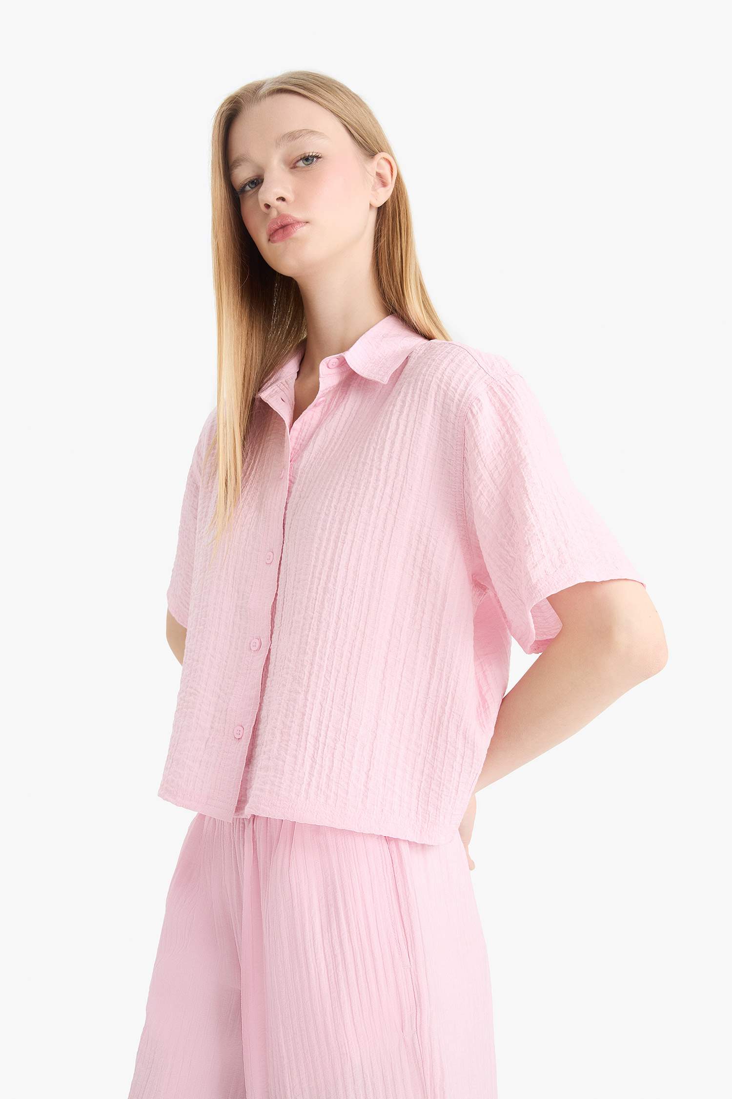 Oversize Fit Shirt Collar Crepe Short Sleeve Shirt