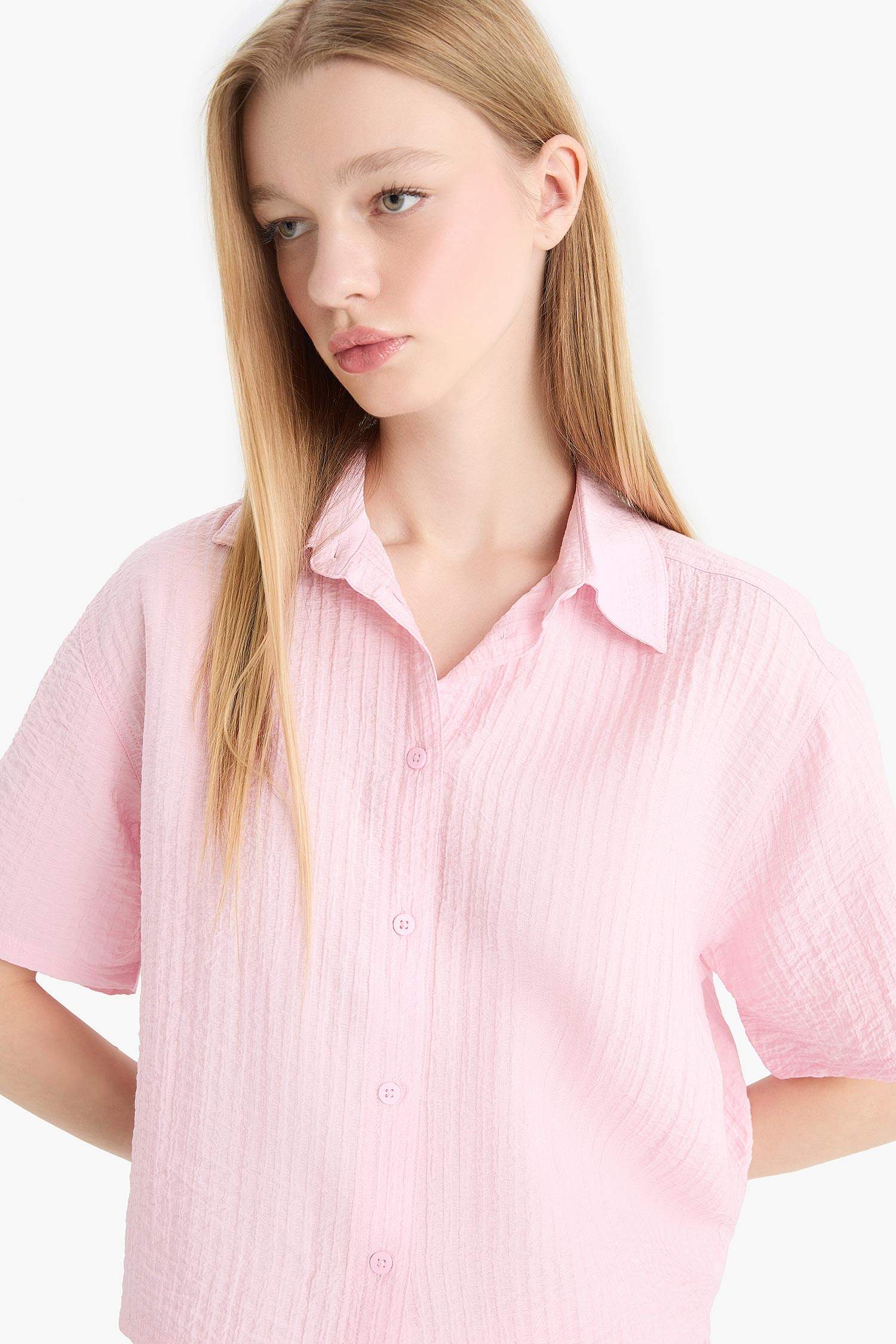 Oversize Fit Shirt Collar Crepe Short Sleeve Shirt