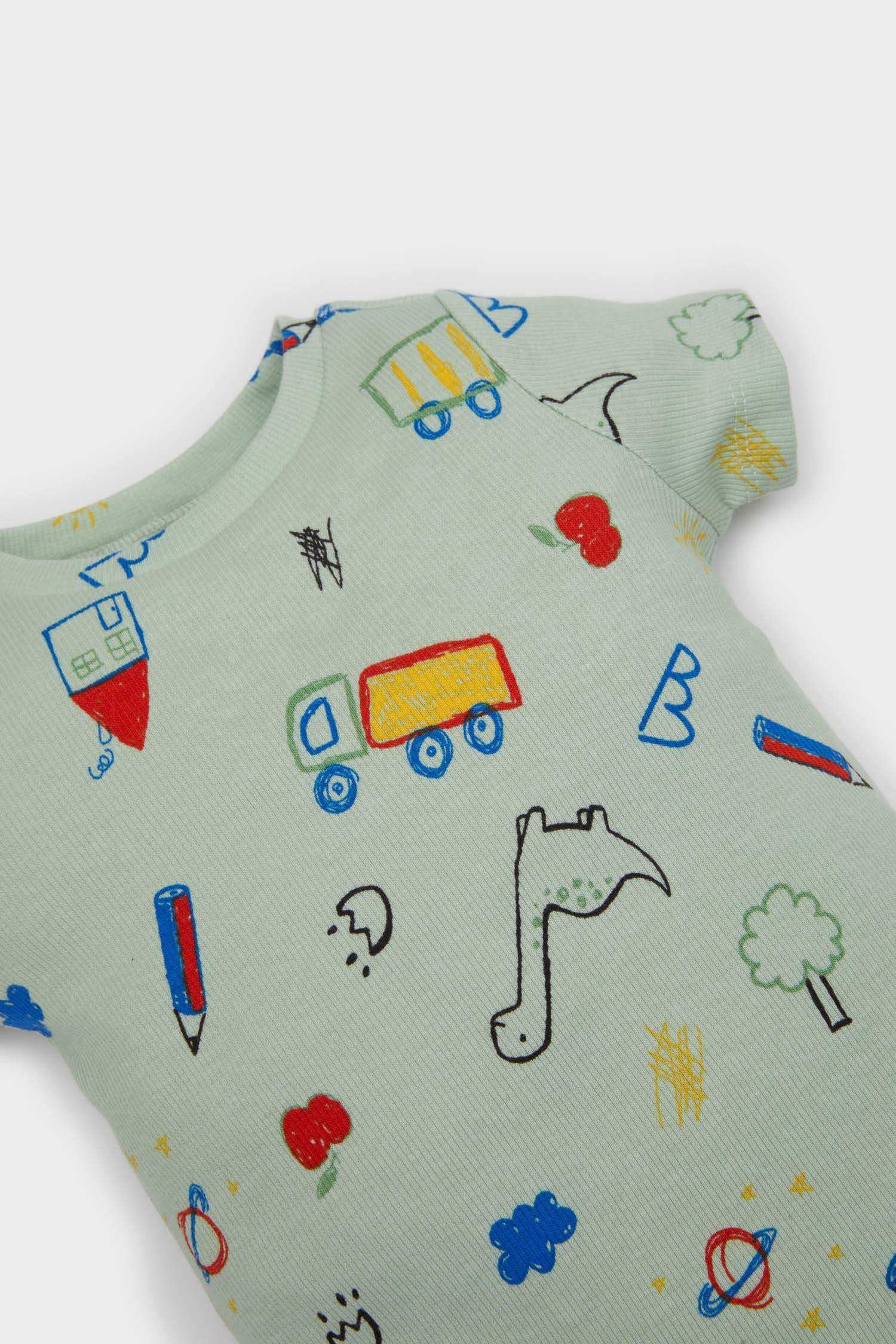 Erkek Bebek 2'li Takım Dinozor Baskılı Kısa Kollu Fitilli Kaşkorse Çıtçıtlı Body Beli Lastikli Şort