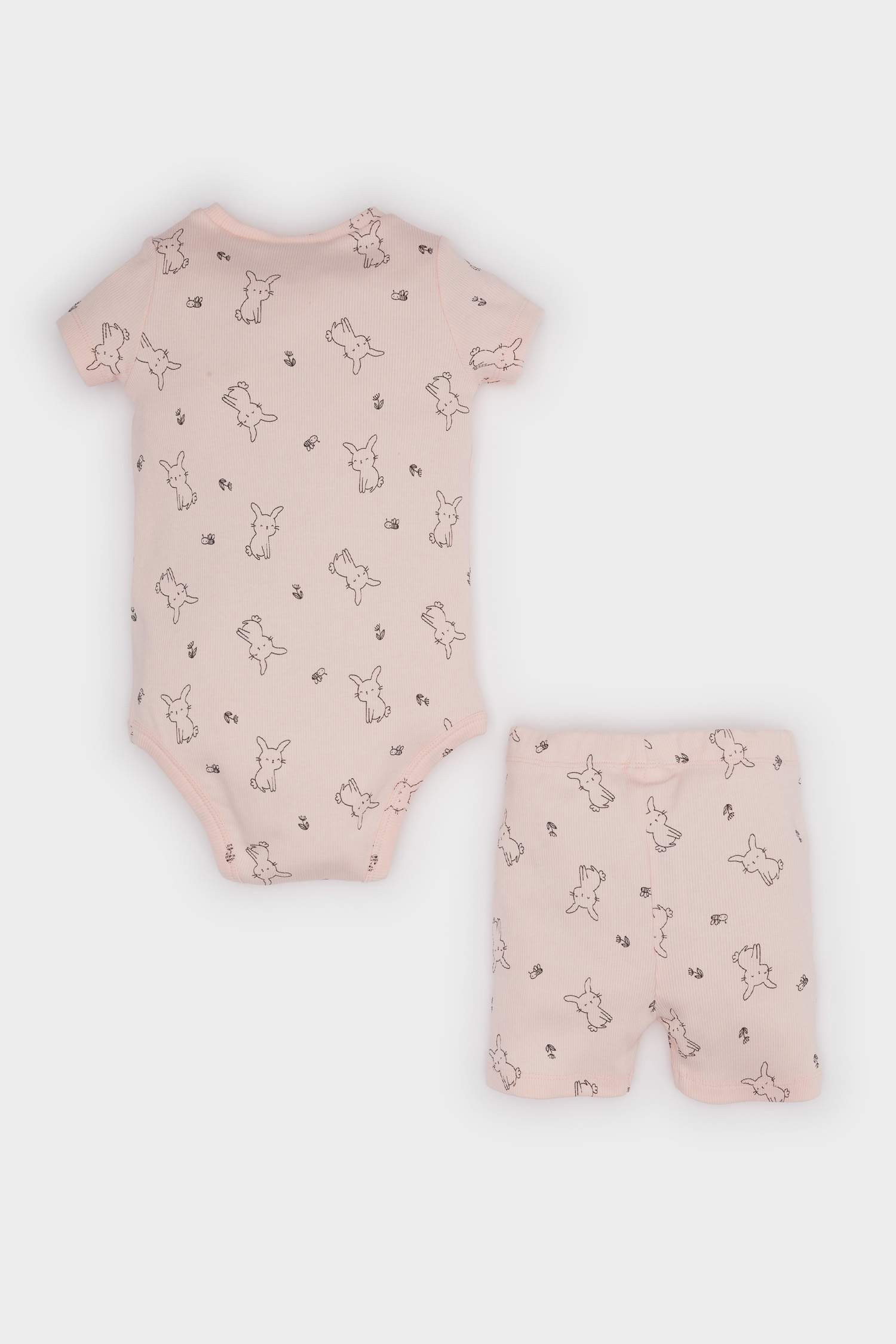 Kız Bebek 2'li Takım Desenli Fitilli Kaşkorse Kısa Kollu Çıtçıtlı Body Beli Lastikli Şort