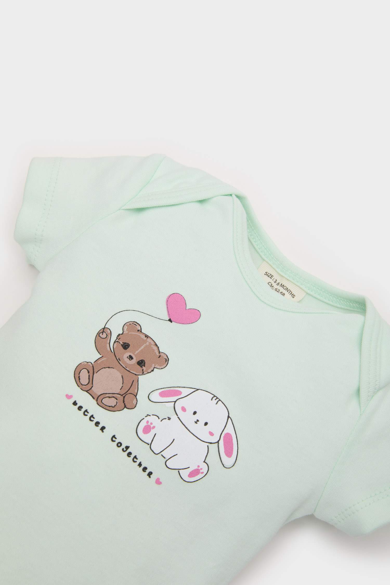 Kız Bebek Yenidoğan Bisiklet Yaka Baskılı Ribana Kısa Kollu Çıtçıtlı Body