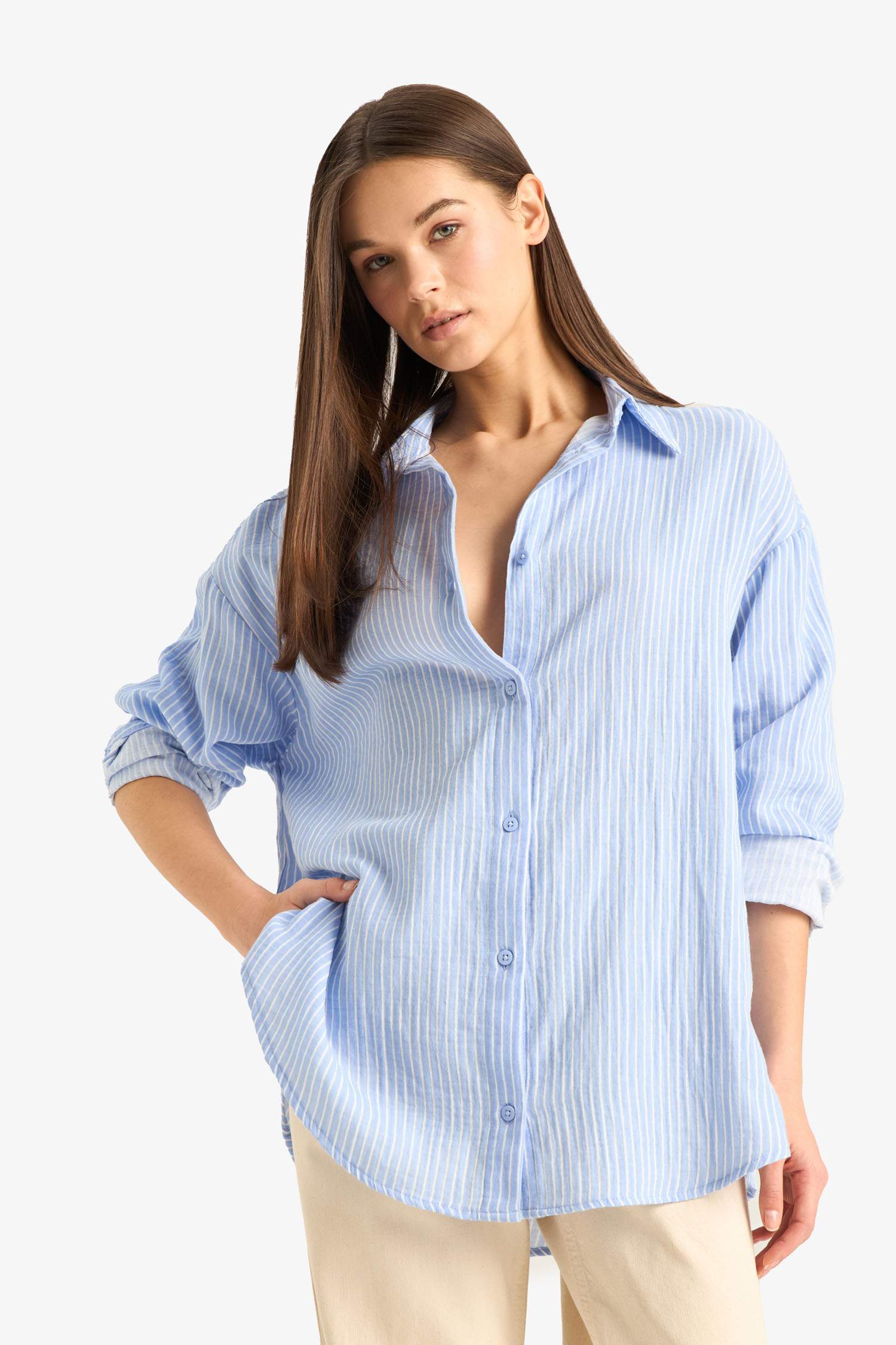 Oversize Fit Shirt Collar Muslin Striped Long Sleeve Shirt