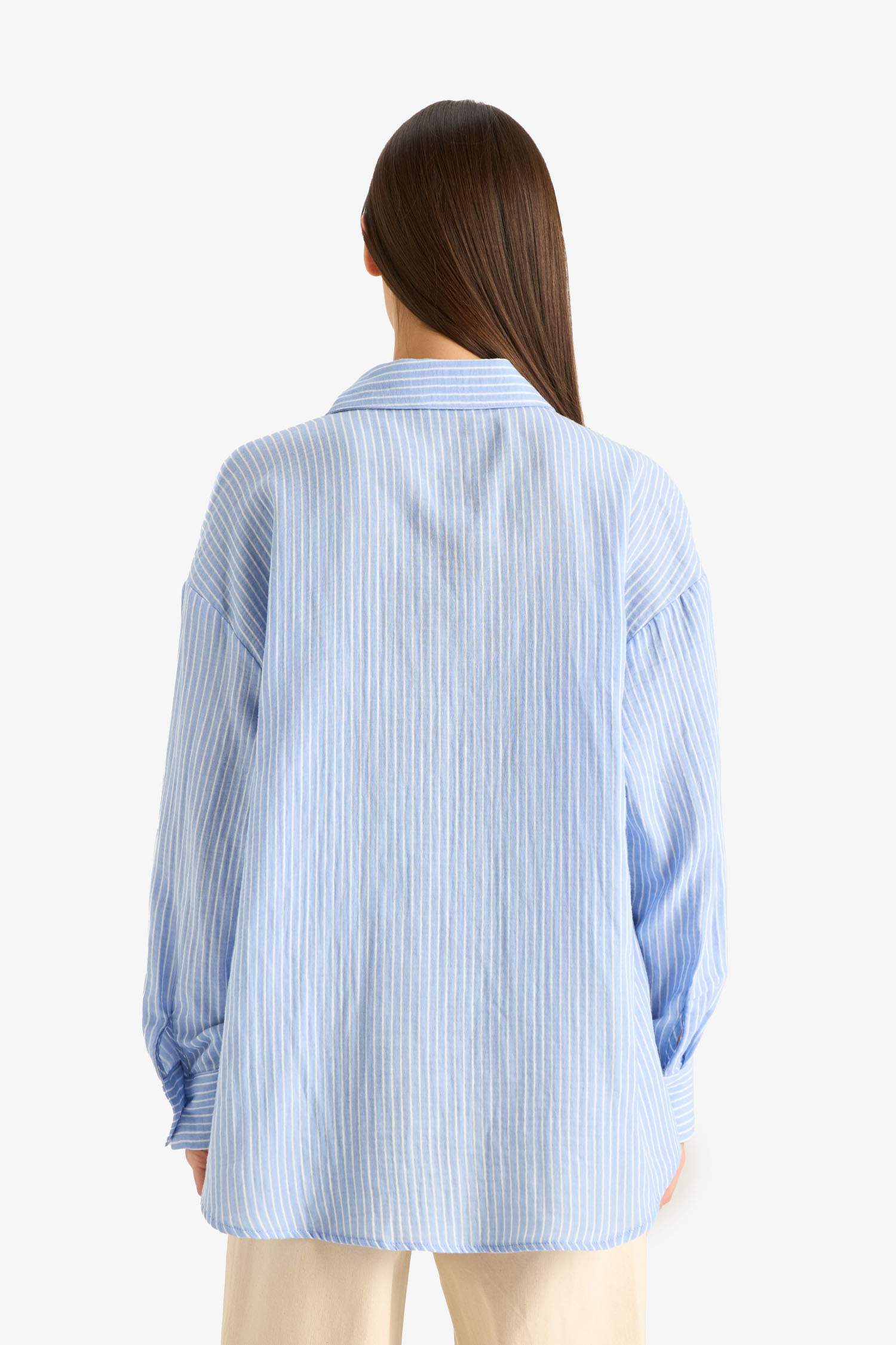Oversize Fit Shirt Collar Muslin Striped Long Sleeve Shirt