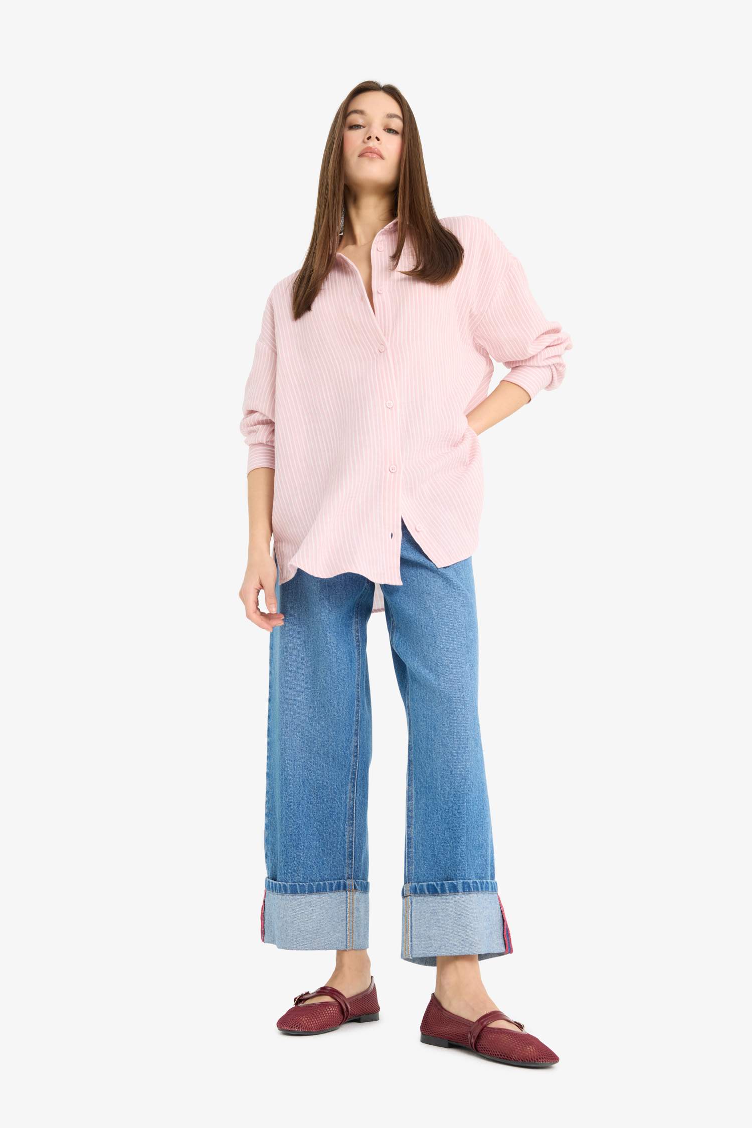 Оверсайз рубашка с длинным рукавом из мулине в полоску