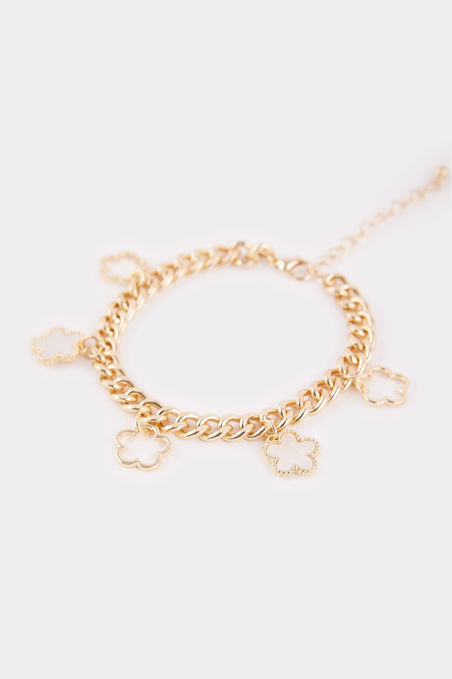 Kadın Beyaz Çiçekli Gold Kalın Zincir Bileklik