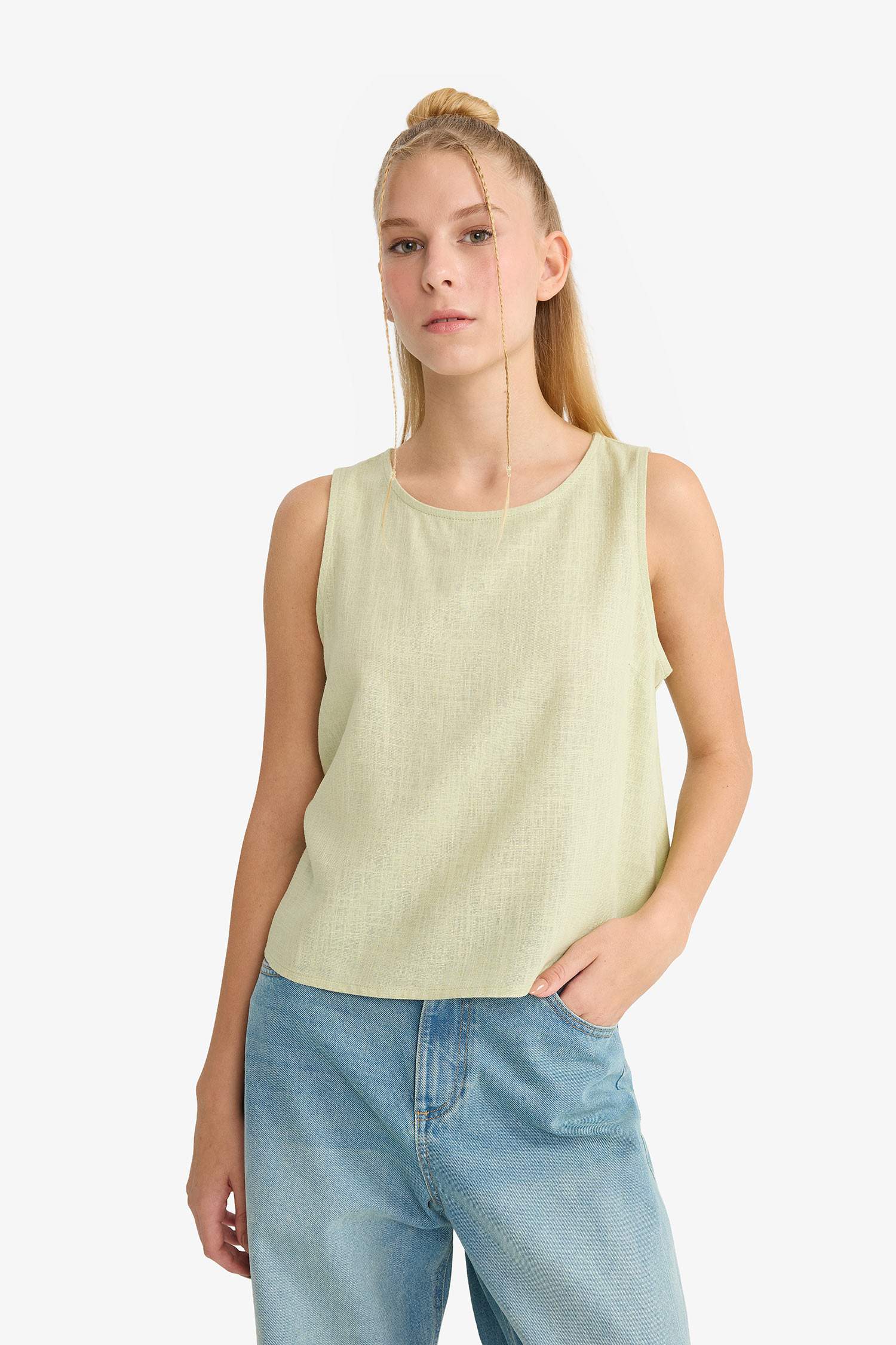 Блузка Coool с Круглым Вырезом Без Рукавов и Смесью Льна