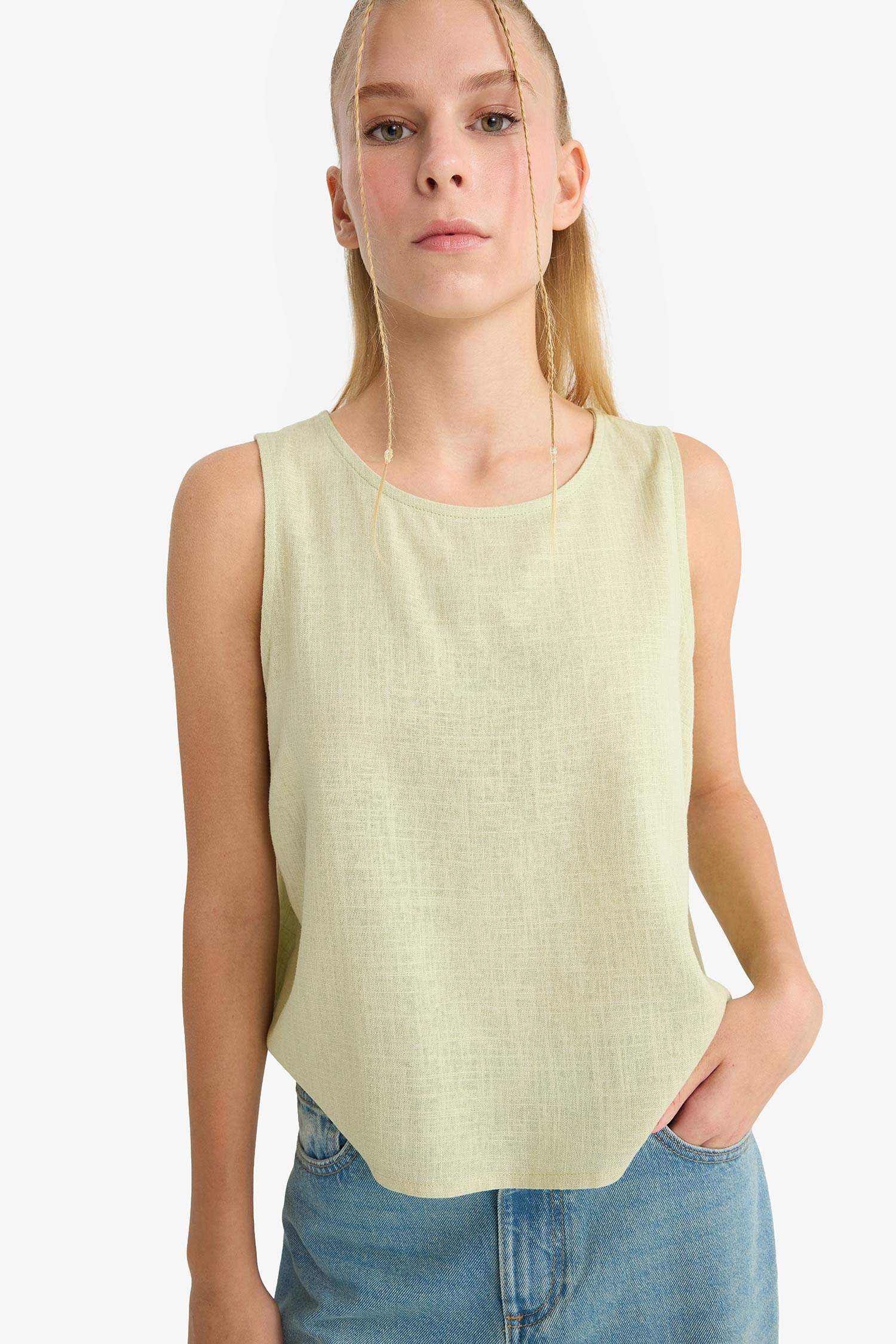 Блузка Coool с Круглым Вырезом Без Рукавов и Смесью Льна