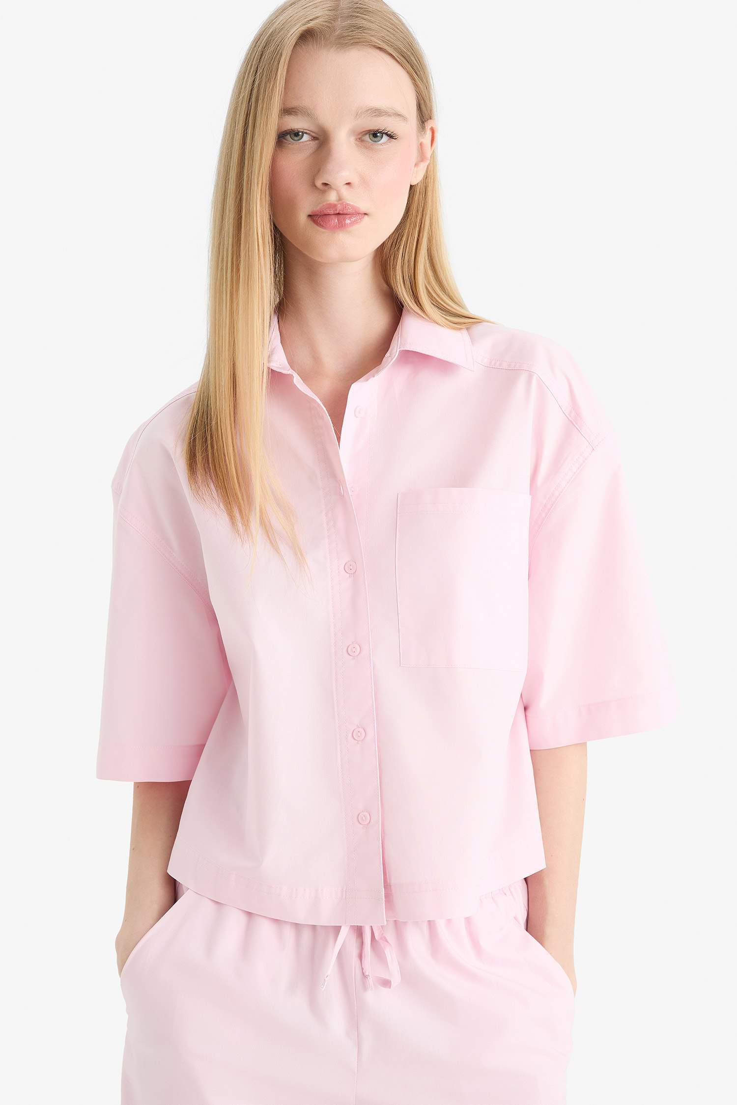 Oversize Fit Shirt Collar Poplin Short Sleeve Shirt