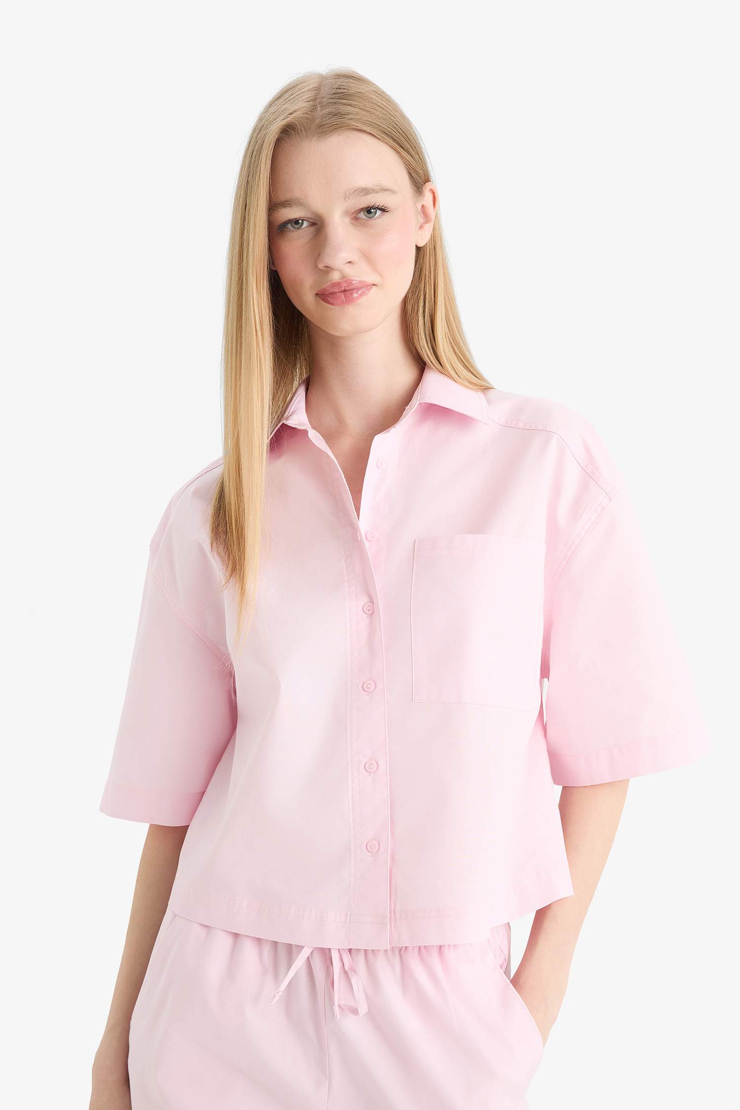 Oversize Fit Shirt Collar Poplin Short Sleeve Shirt