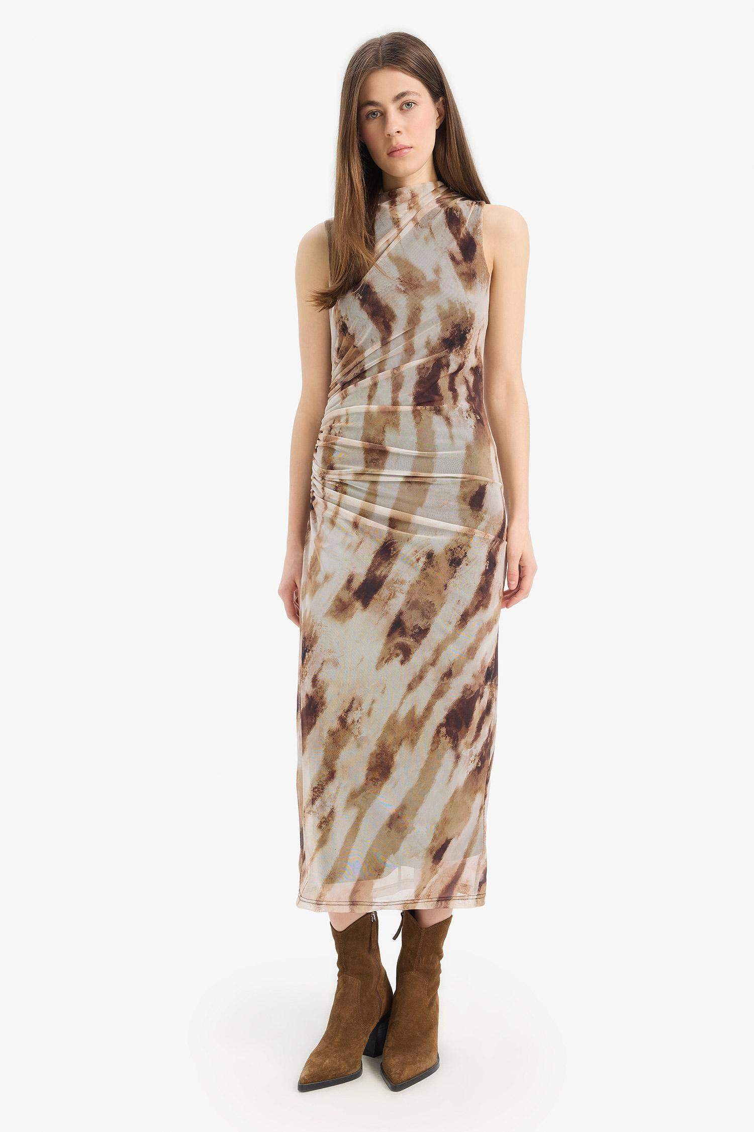 Bodycon Vücudu Saran Batik Tül Kolsuz Maxi Elbise