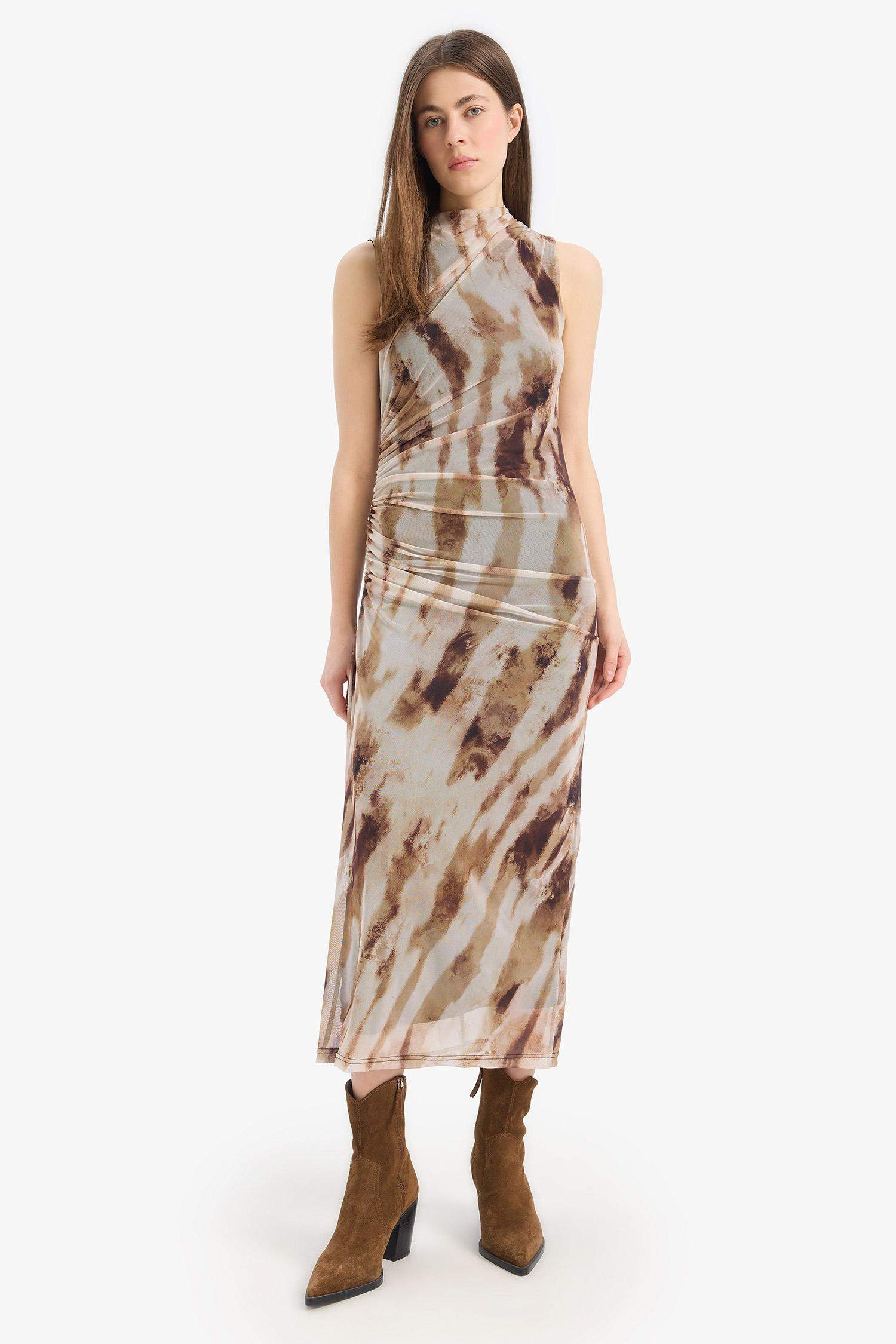 Bodycon Vücudu Saran Batik Tül Kolsuz Maxi Elbise