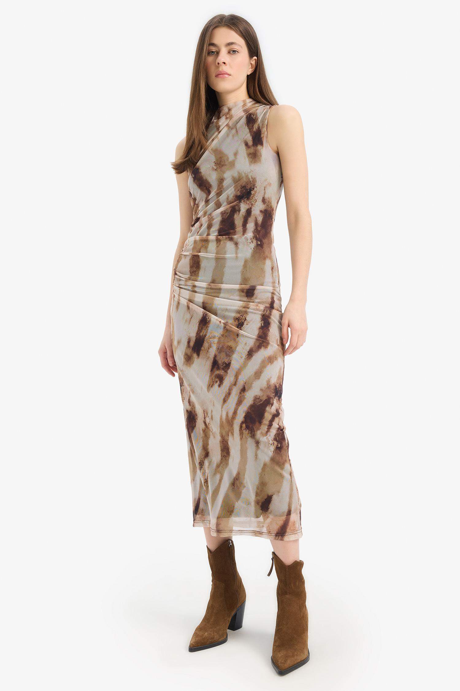 Bodycon Vücudu Saran Batik Tül Kolsuz Maxi Elbise