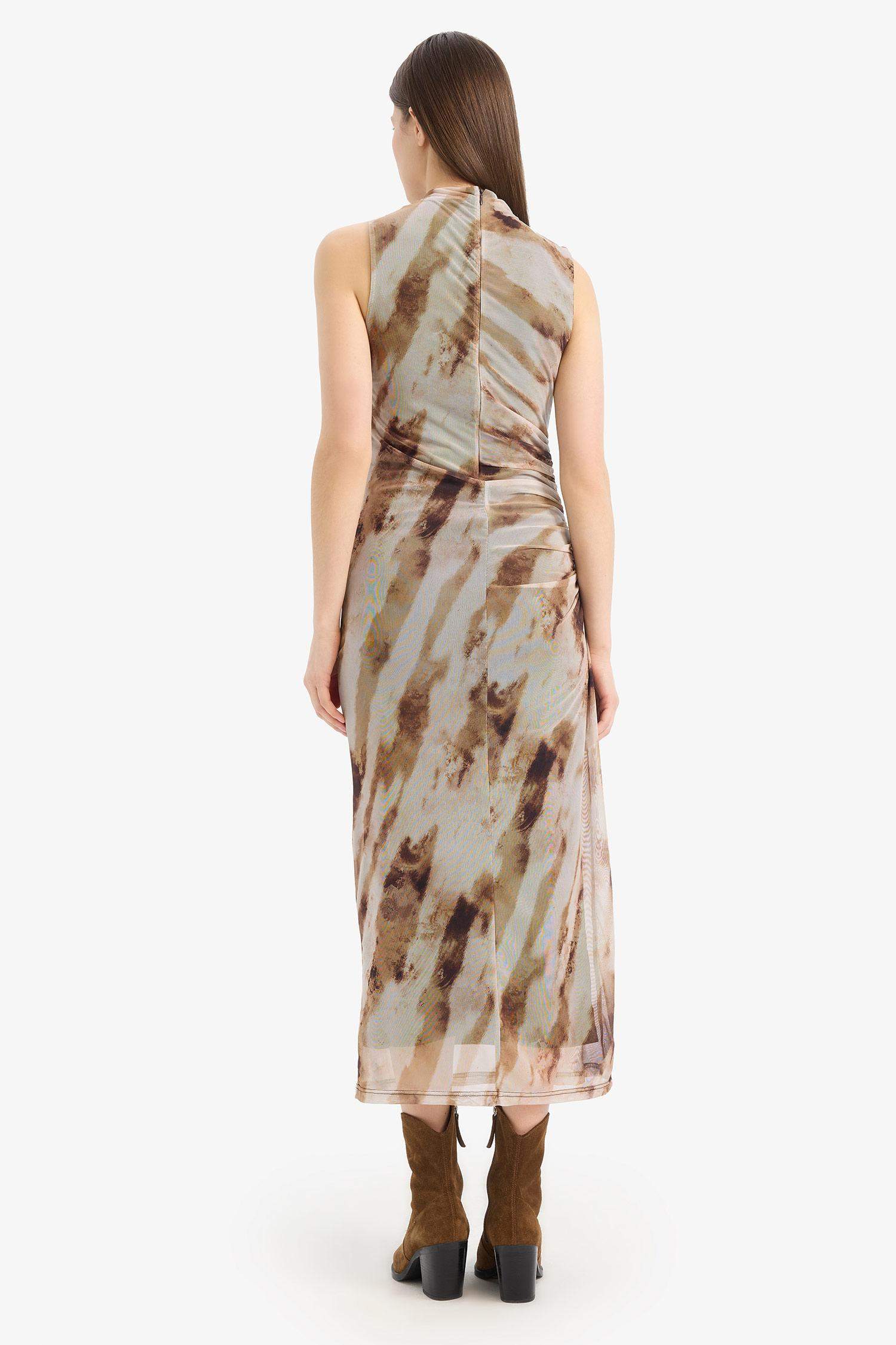 Bodycon Vücudu Saran Batik Tül Kolsuz Maxi Elbise