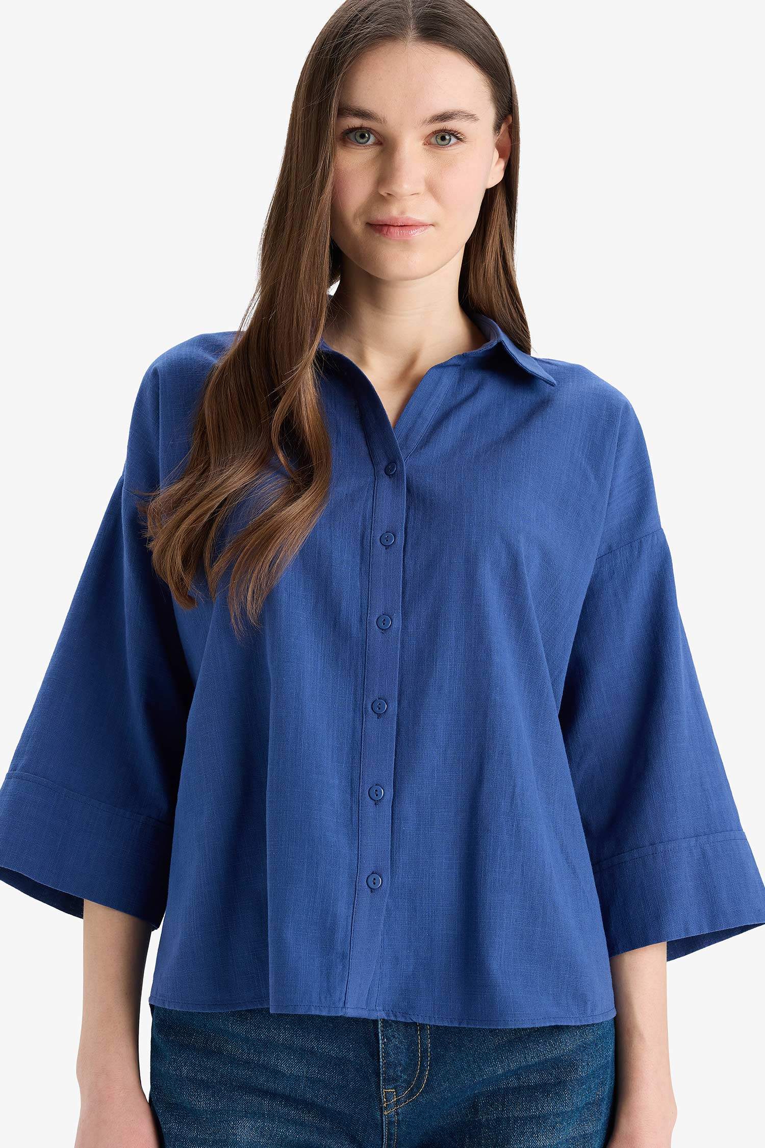 Regular Fit Keten Karışımlı Kısa Kollu Gömlek