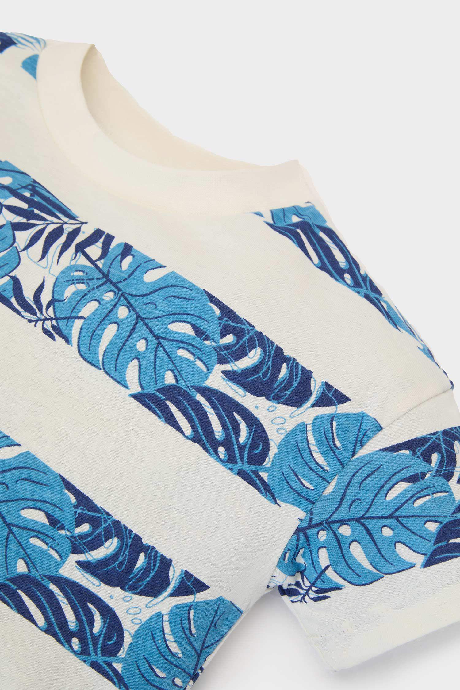 Erkek Bebek Bisiklet Yaka Palmiye Desenli Kısa Kollu Tişört