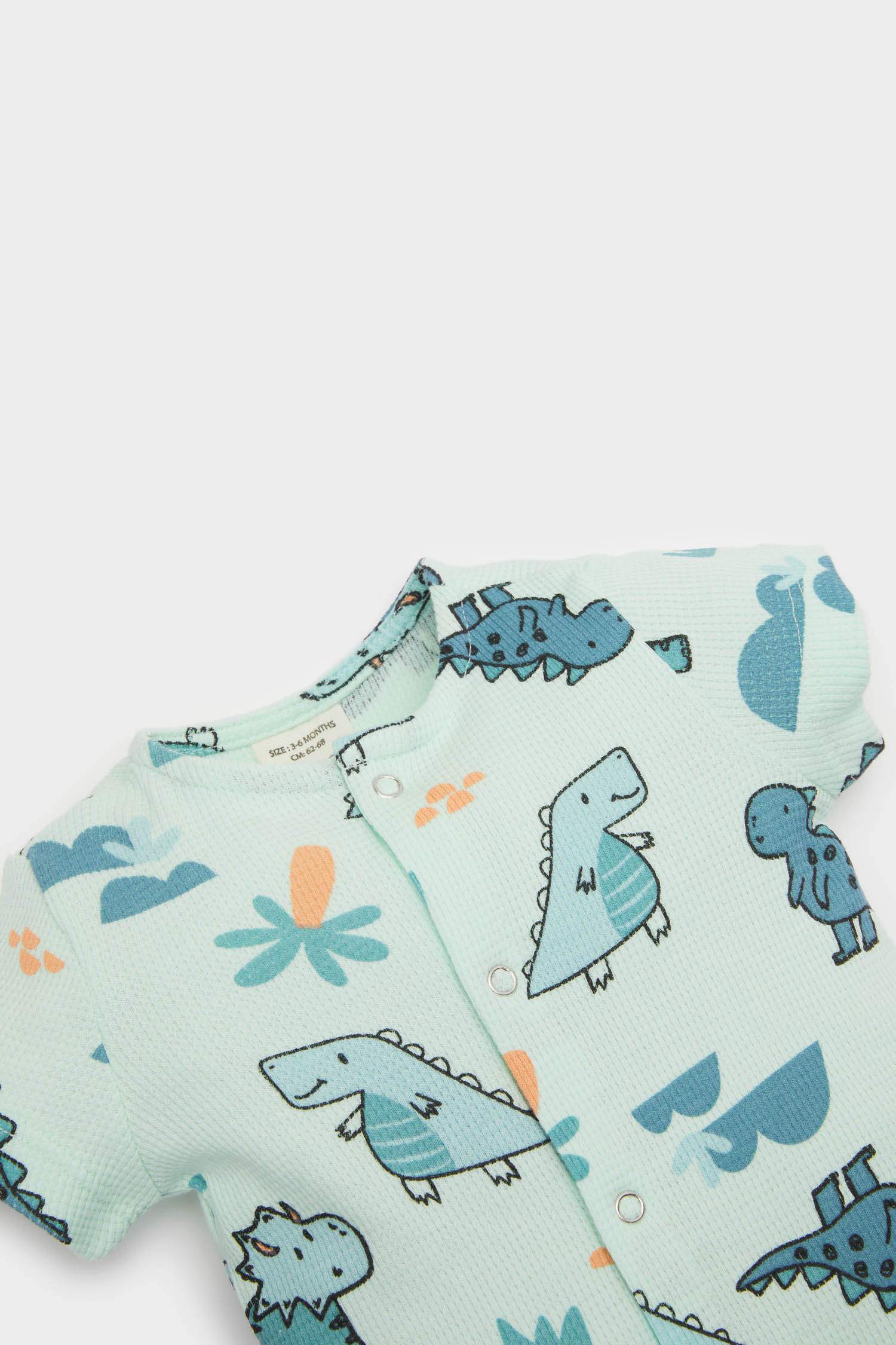 Erkek Bebek Yenidoğan Dinozor Baskılı Waffle Kısa Kollu Tulum