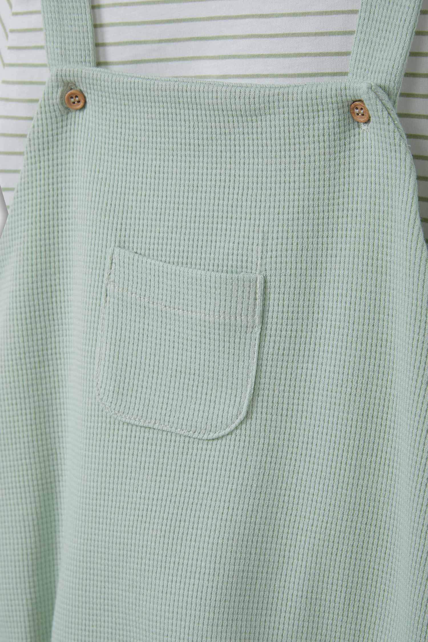 Erkek Bebek 3'lü Takım Çizgili Kısa Kollu Tişört Waffle Salopet Şapka