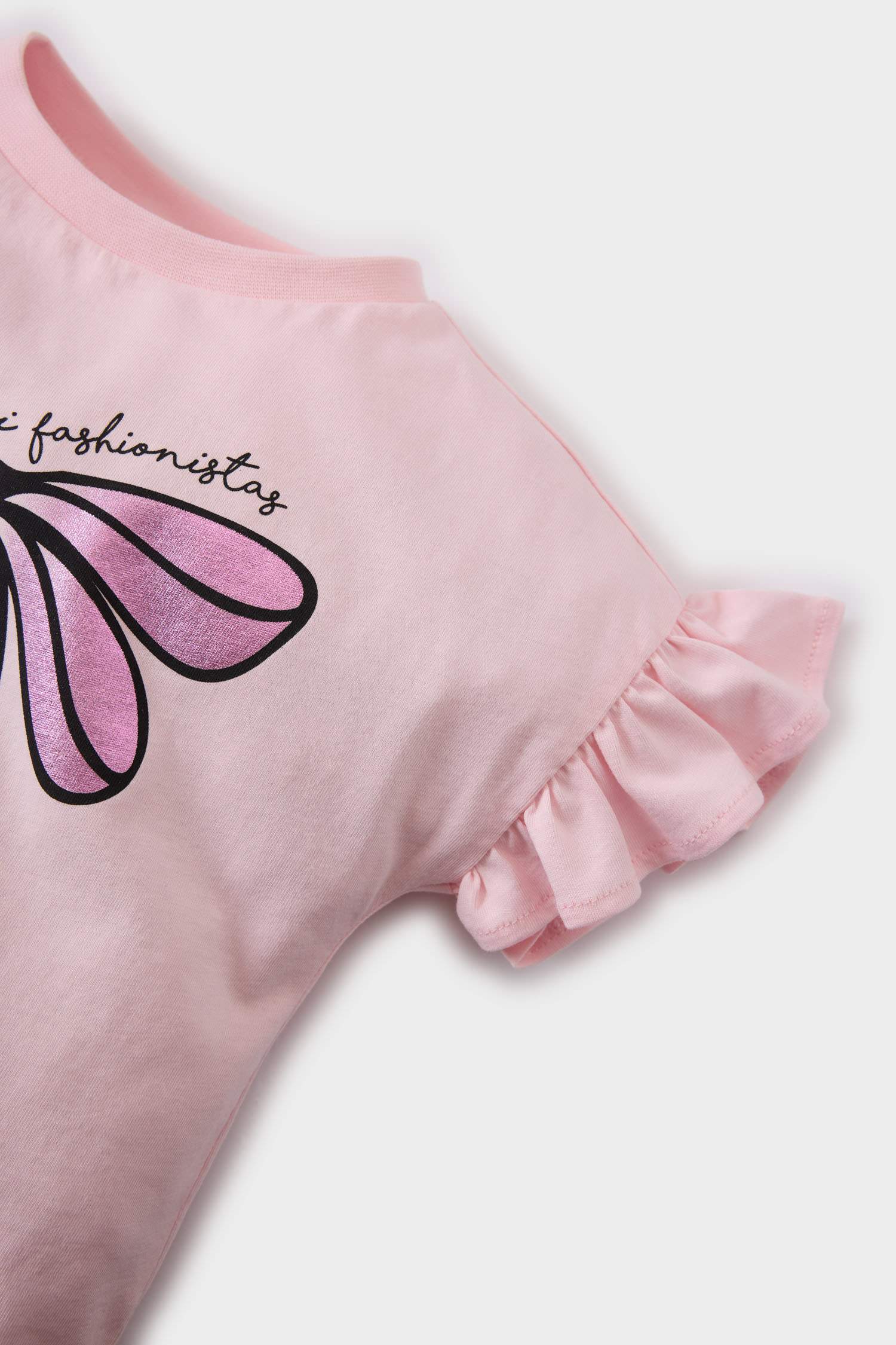 Kız Bebek Bisiklet Yaka Baskılı Kısa Kollu Tişört