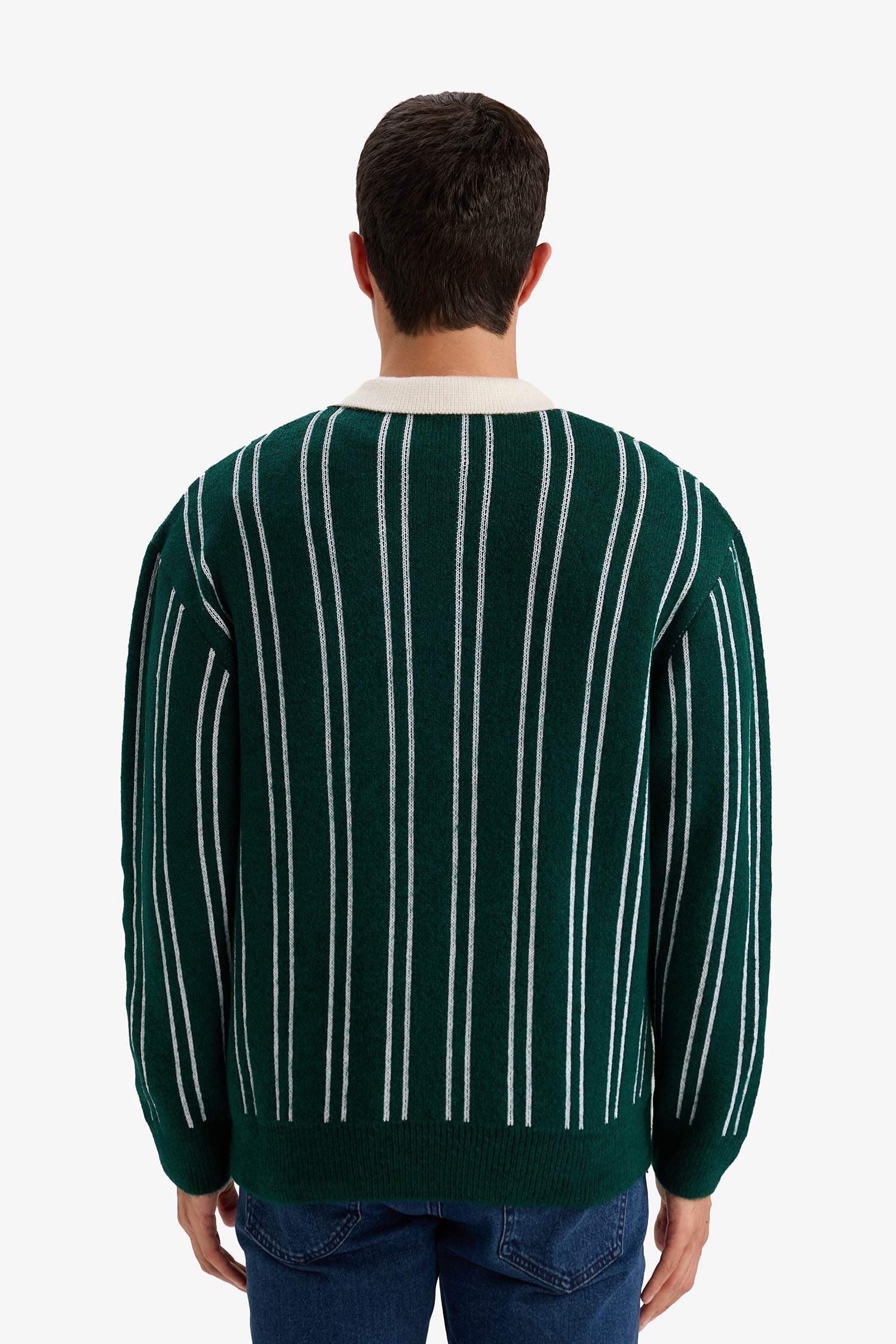 Relax Fit Polo Yaka Çizgili Triko Kazak