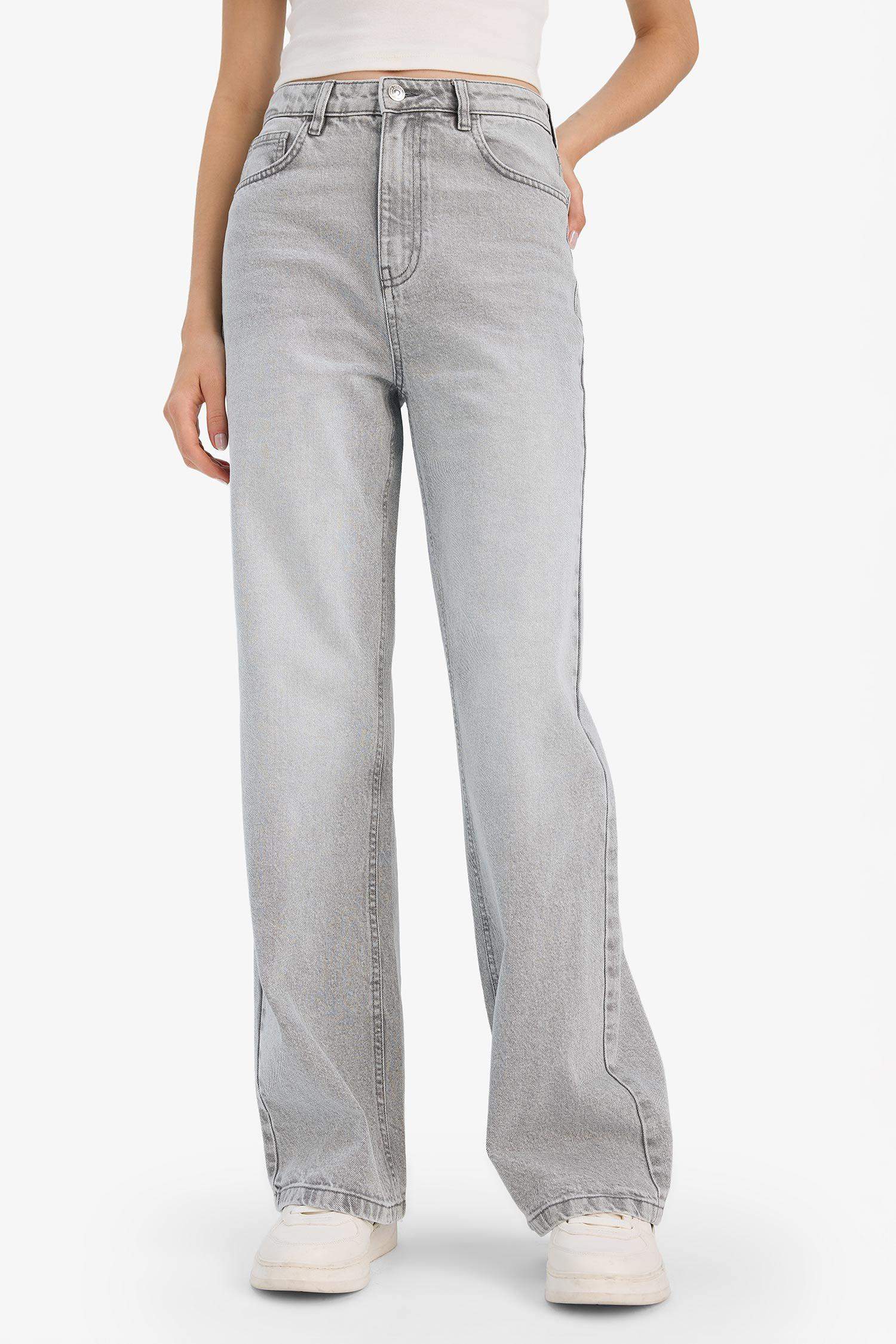 90's Wide Leg Yüksek Bel Düz Paça Uzun Jean Kar Yıkamalı Pantolon