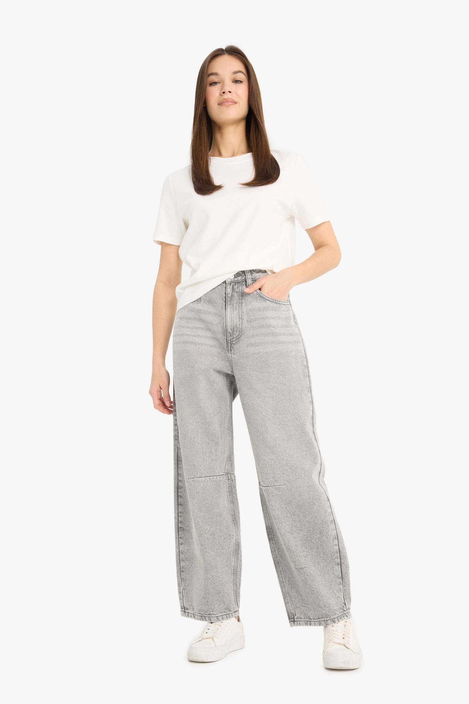 Barrel Fit Yüksek Bel Düz Paça Uzun Jean Kar Yıkamalı Pantolon