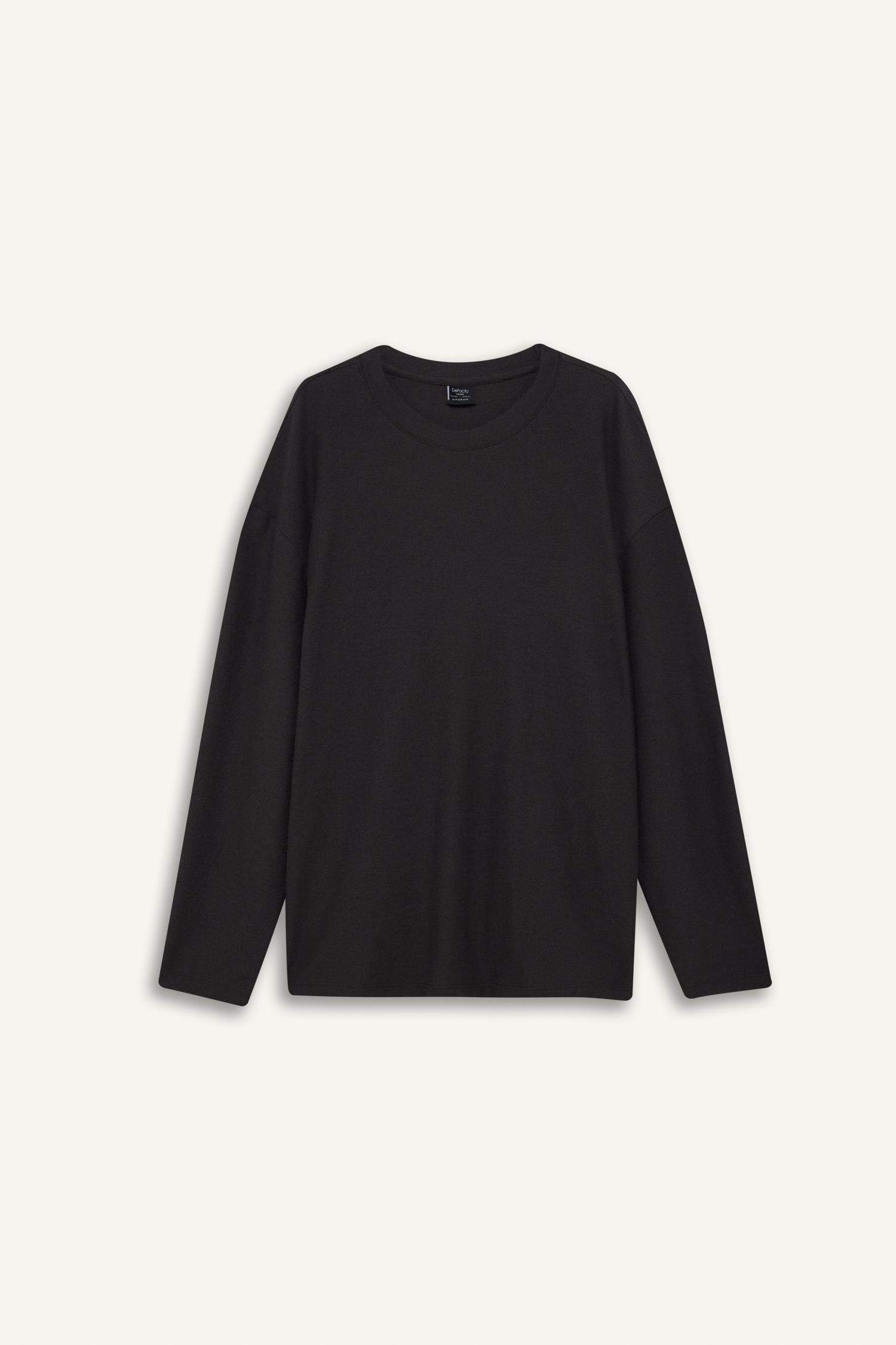 Boxy Fit Rahat Kesim Bisiklet Yaka Pamuklu Uzun Kollu Tişört