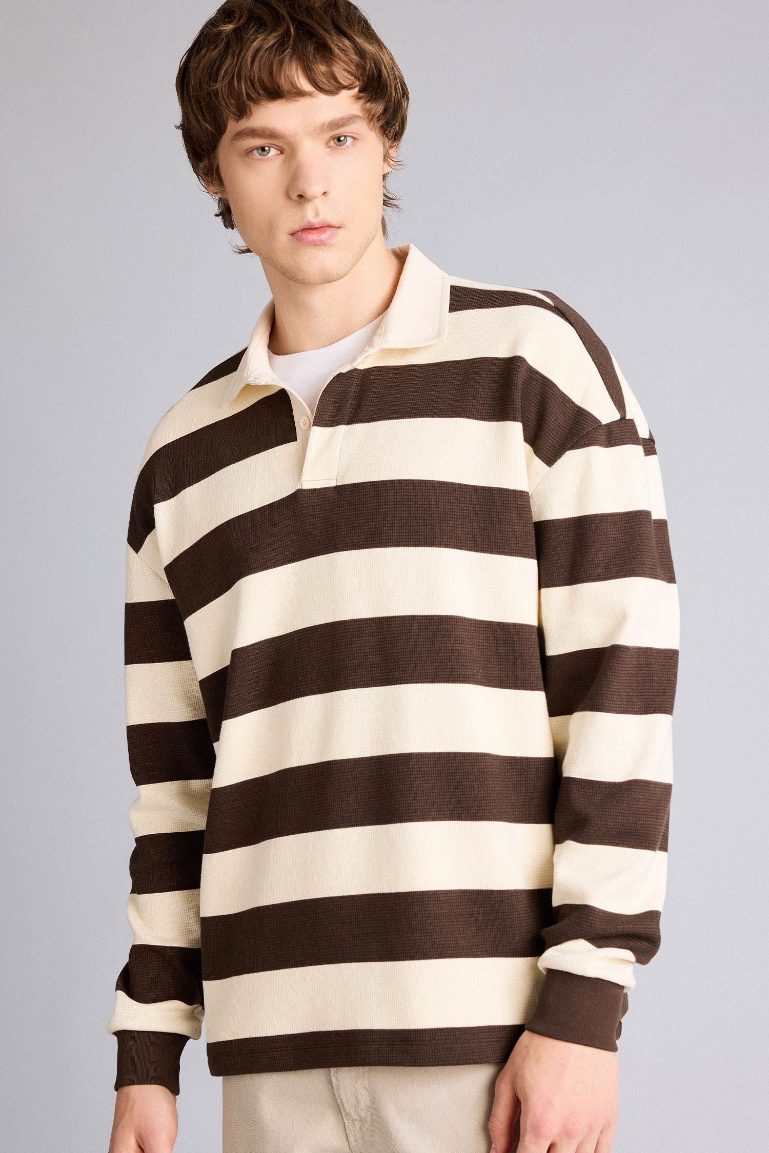 DeFacto Boxy Fıt Polo Yaka Waffle Sweatshirt