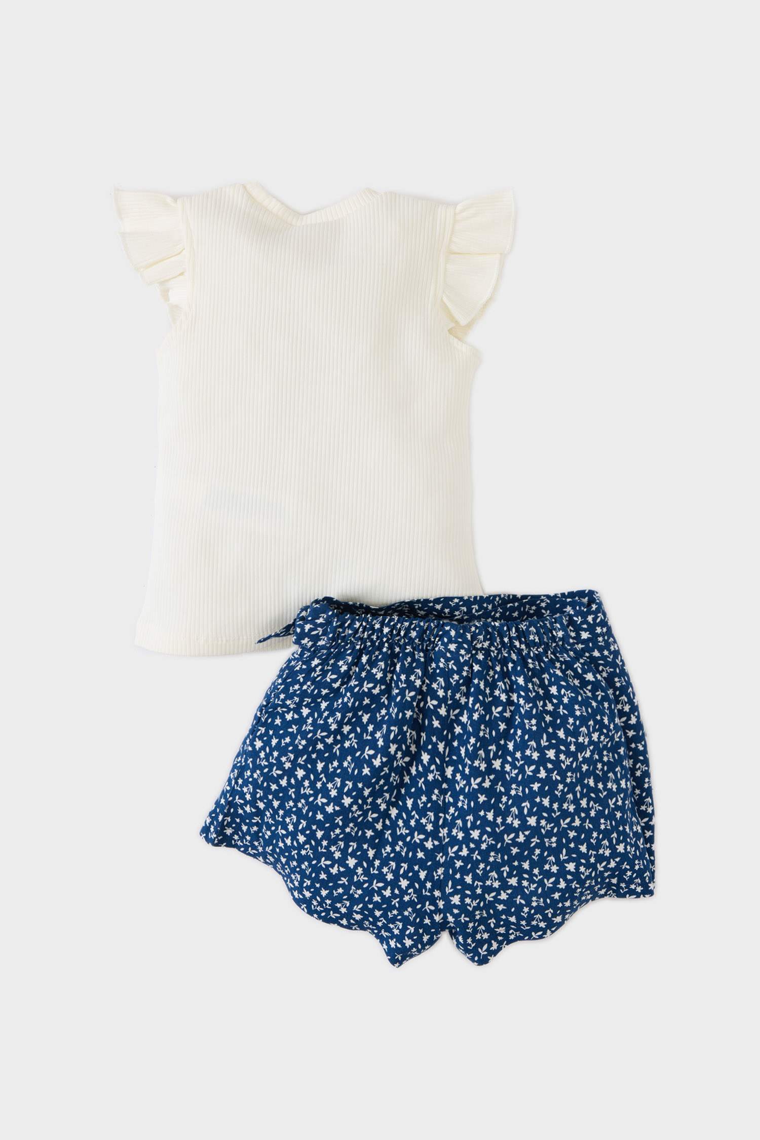 Kız Bebek Çiçekli Fitilli Kaşkorse 2'li Takım Kısa Kollu Tişört Şort Etek