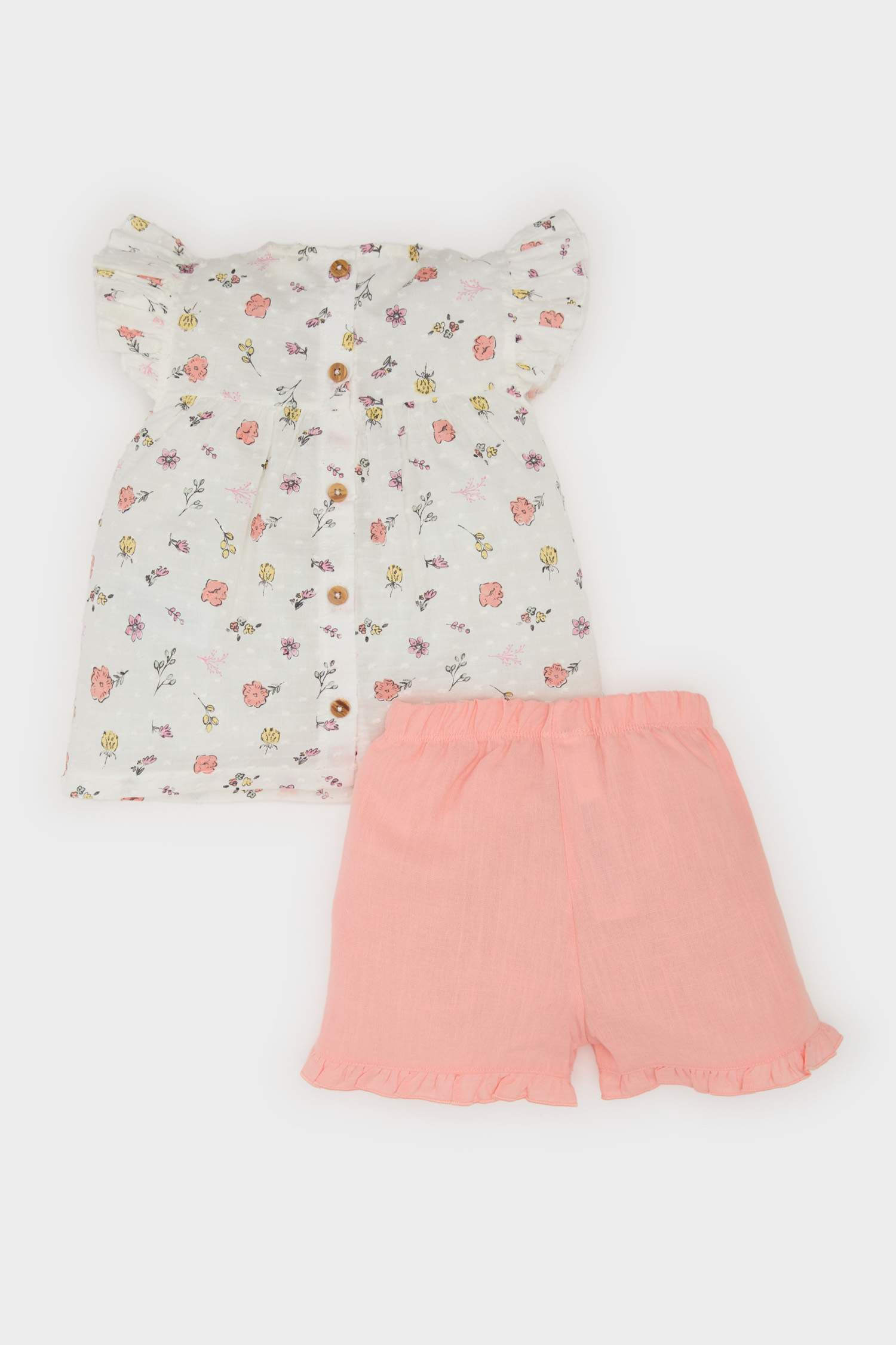 Kız Bebek 2'li Takım Çiçekli Flamlı Poplin Kısa Kollu Bluz Beli Lastikli Şort