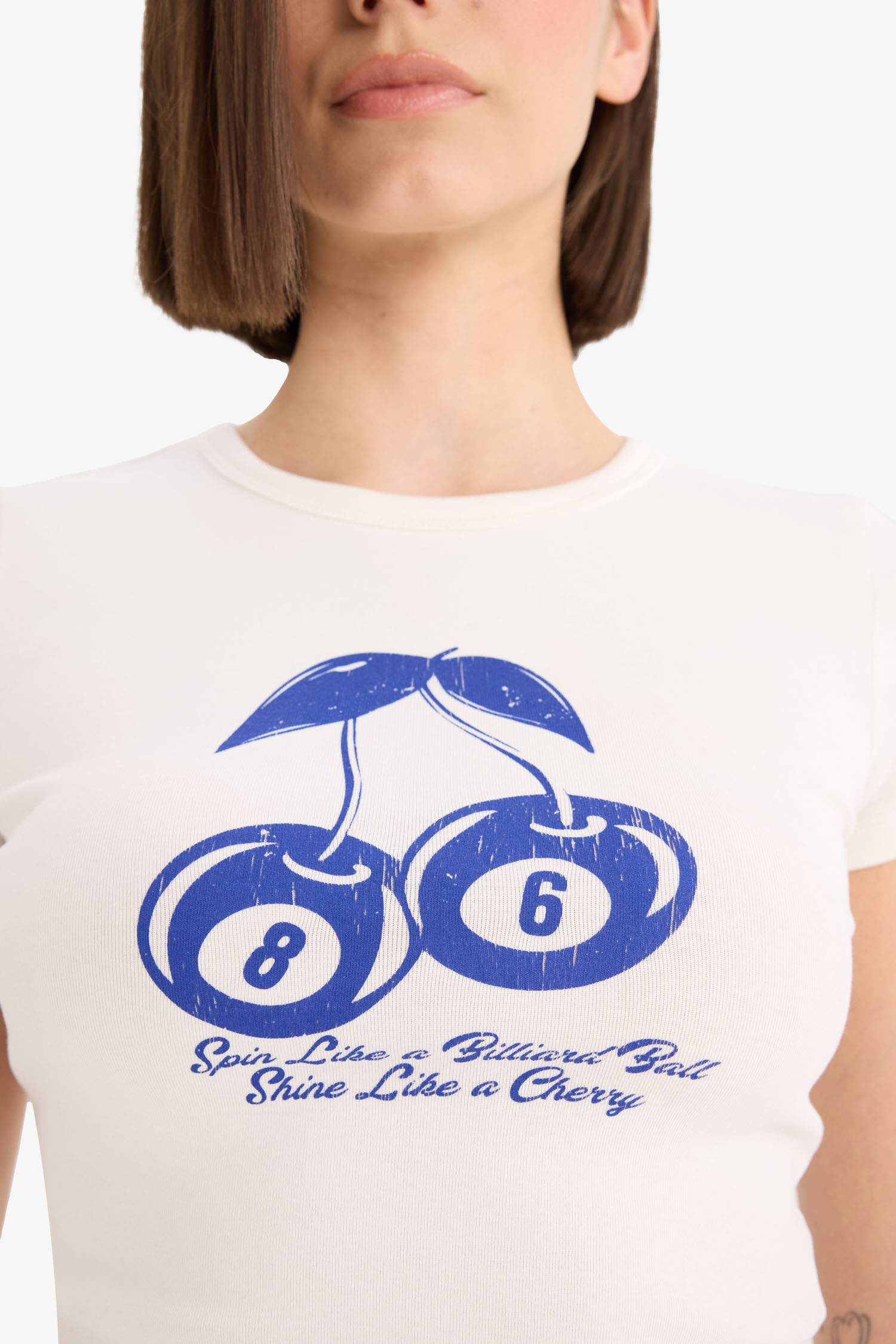 Coool Fitted Bisiklet Yaka Baskılı Ribana Kısa Kollu Tişört