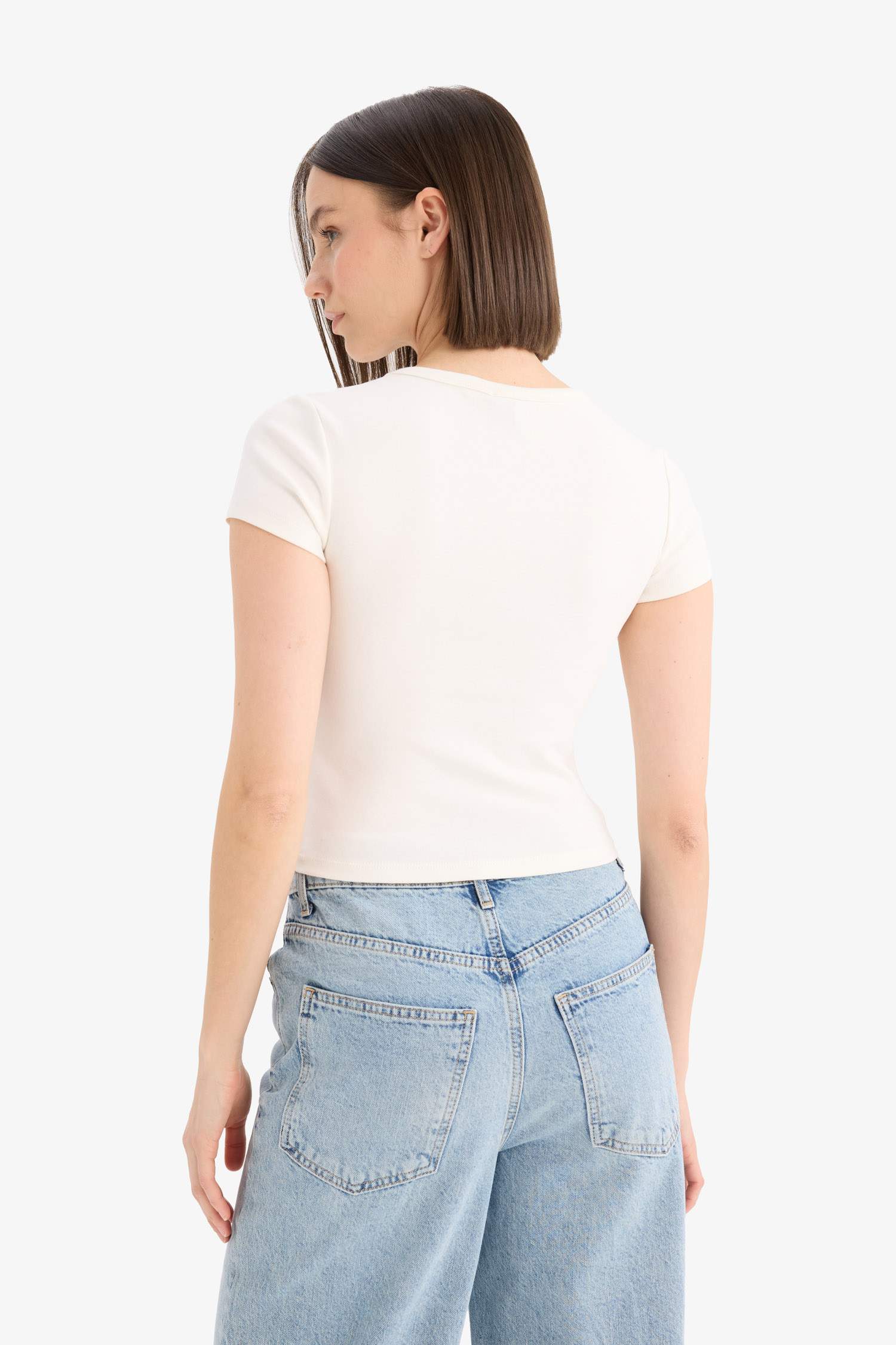 Coool Fitted Bisiklet Yaka Baskılı Ribana Kısa Kollu Tişört