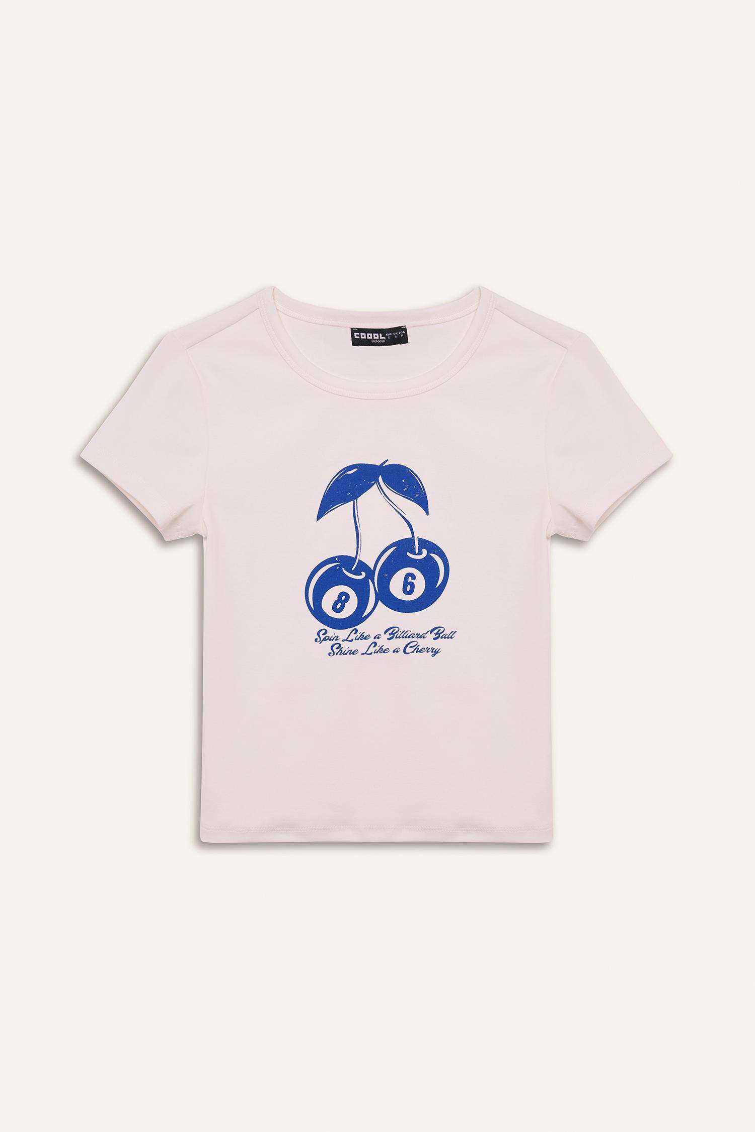 Coool Fitted Bisiklet Yaka Baskılı Ribana Kısa Kollu Tişört