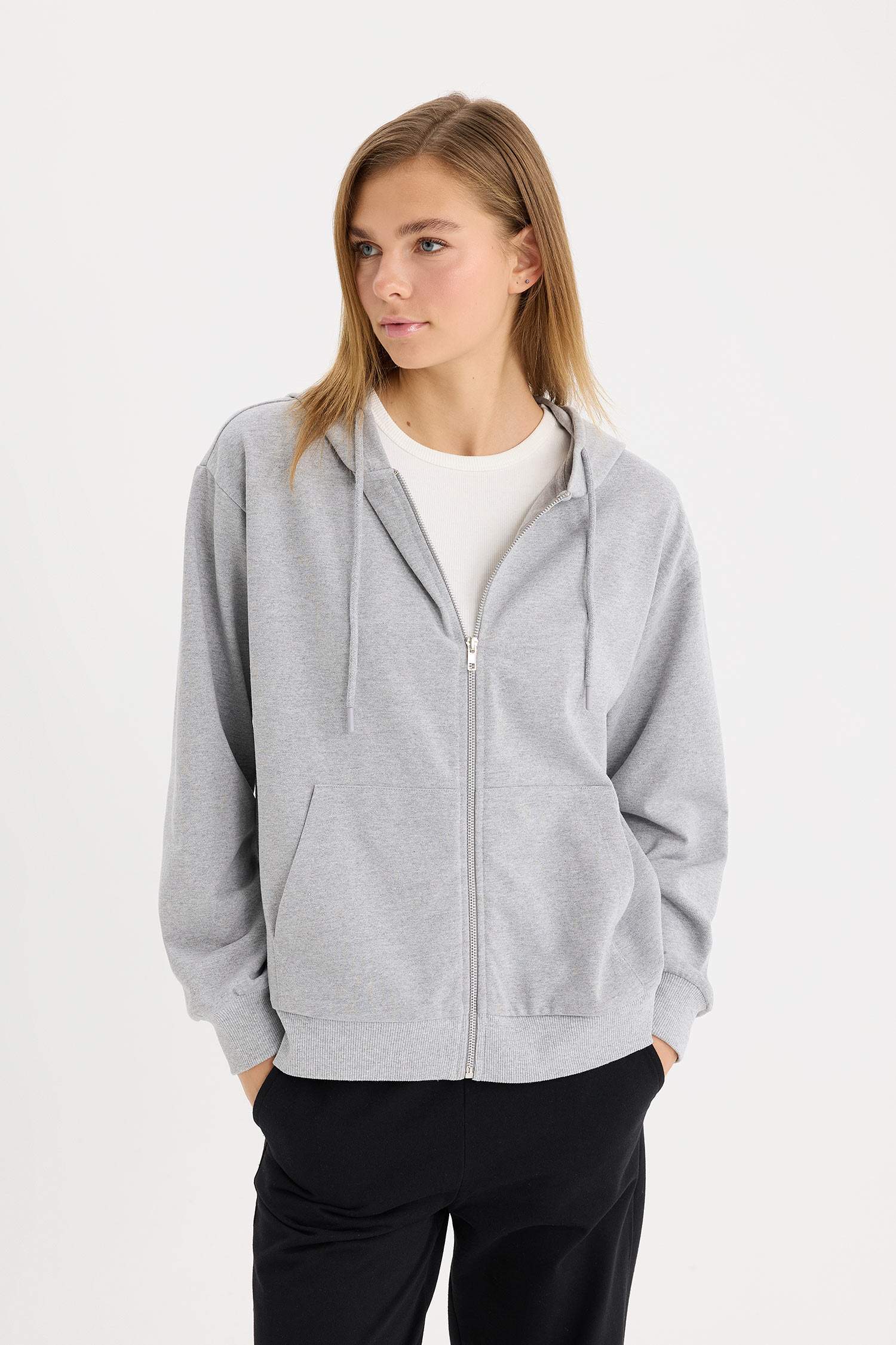 Relax Fit Hooded Basic Thin Sweatshirt Fabric Cardigan