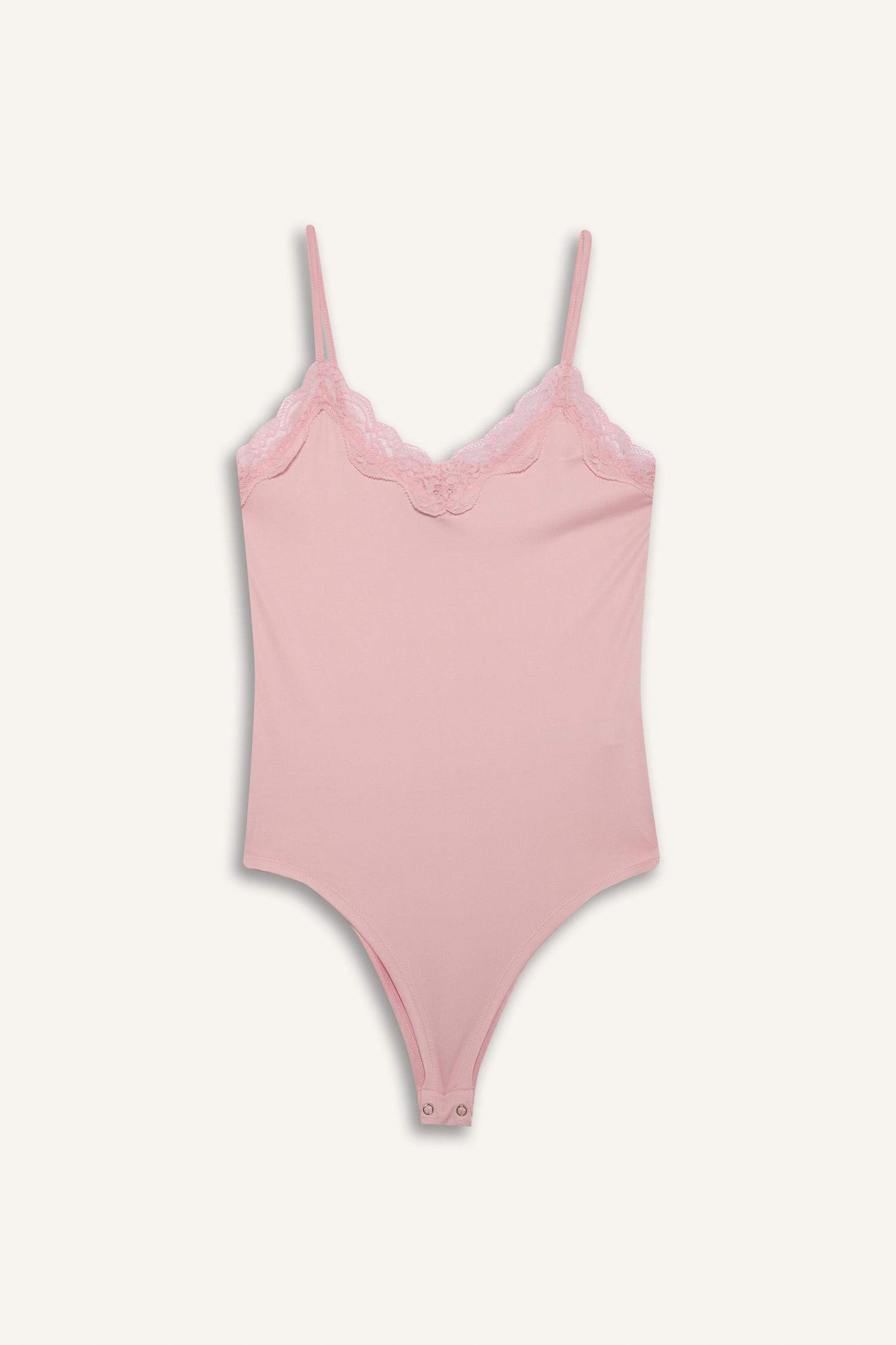 Slim Fit Dar Kesim V Yaka Dantelli Çıtçıtlı Body