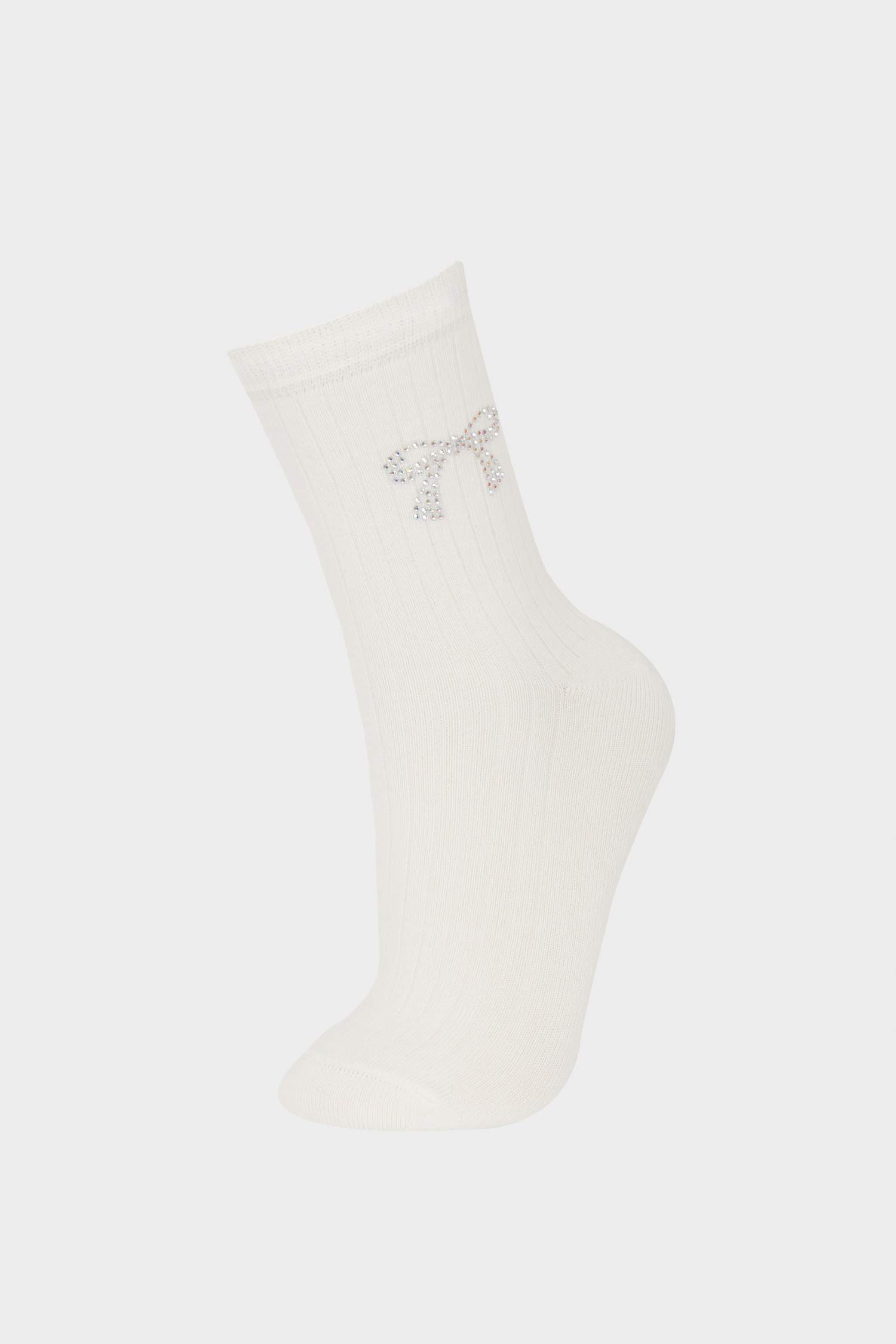 Kadın Dikişsiz Parlak Kurdele Baskılı Penye Pamuklu Premium Uzun Çorap